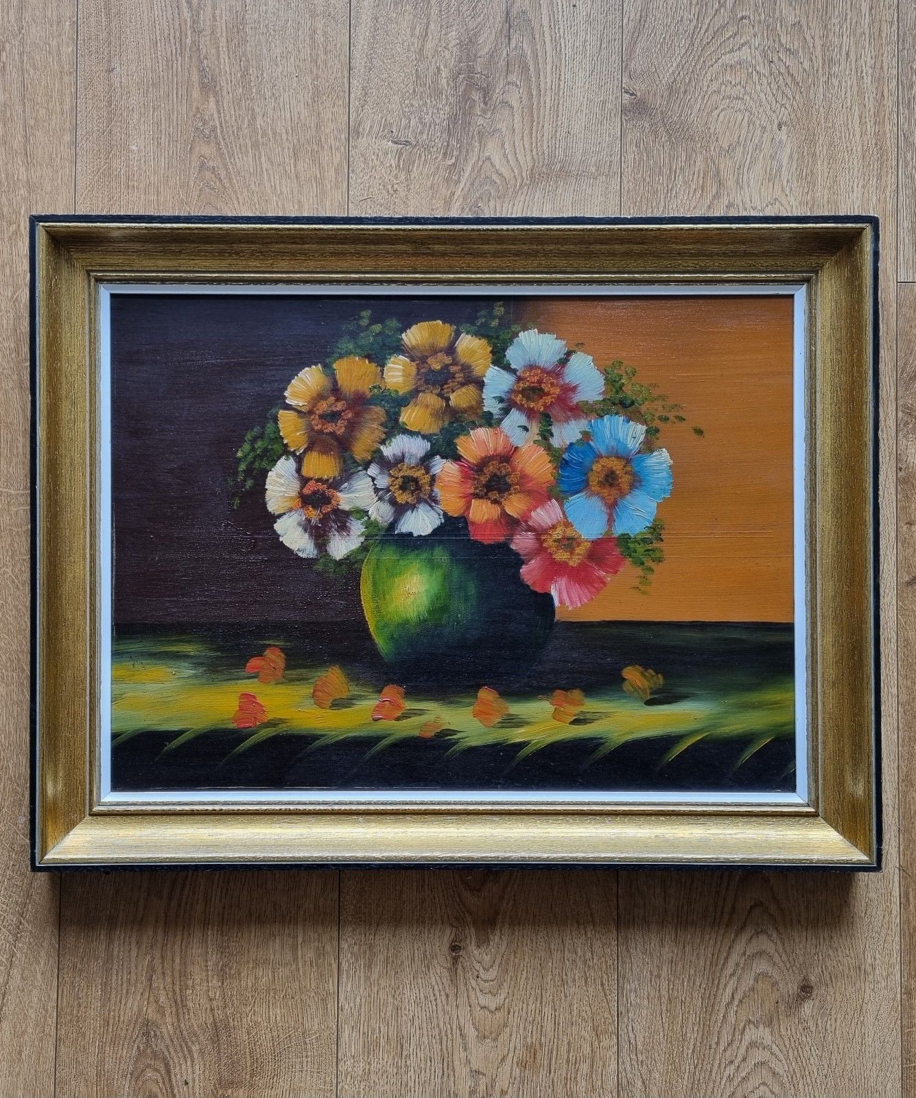 Framed Oil Painting On Board Still Life Vibrant Flowers In Vase photo furniture