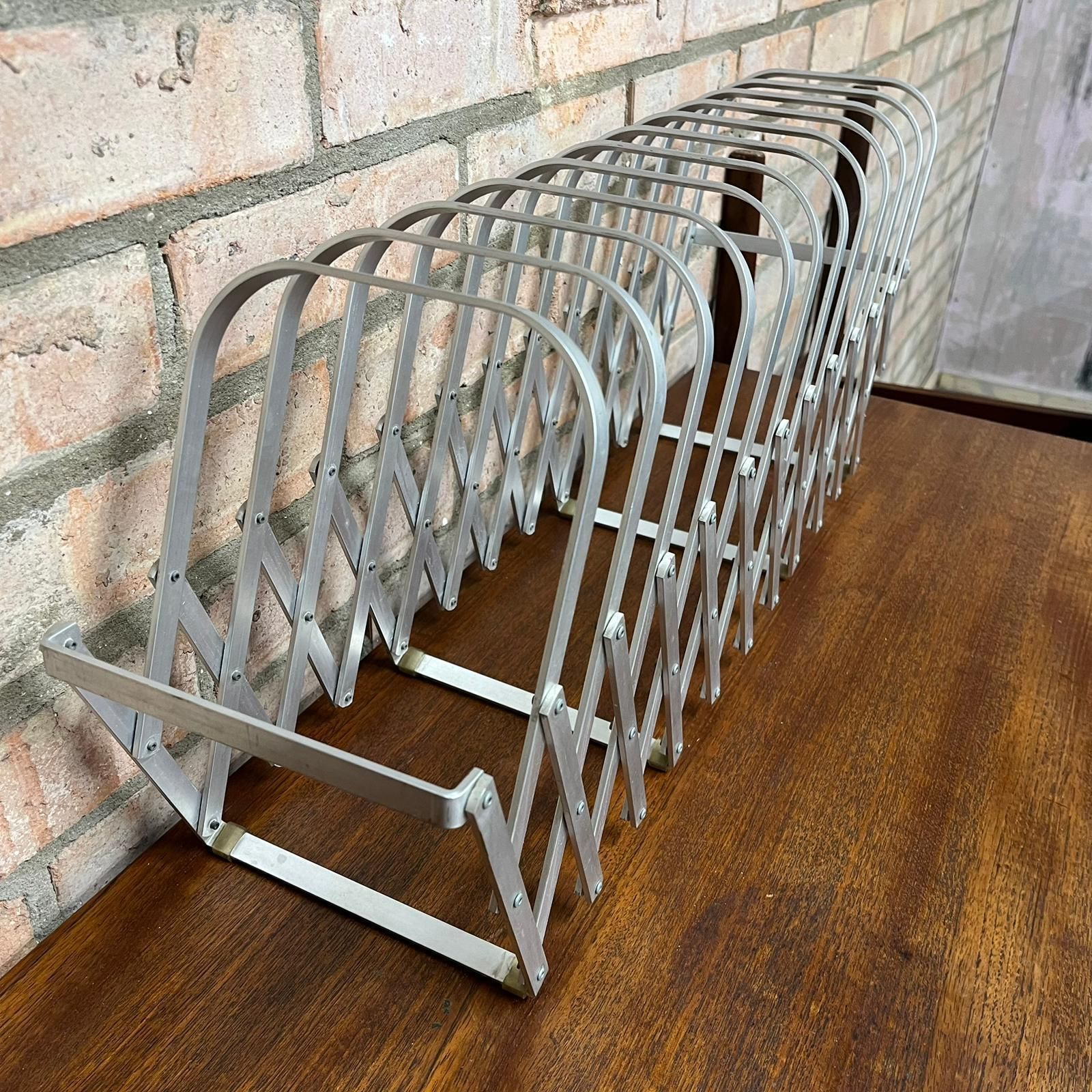 Rare Mid Century Aluminium Concertina Extendable Magazine Rack Book Holder 1960s photo vintage