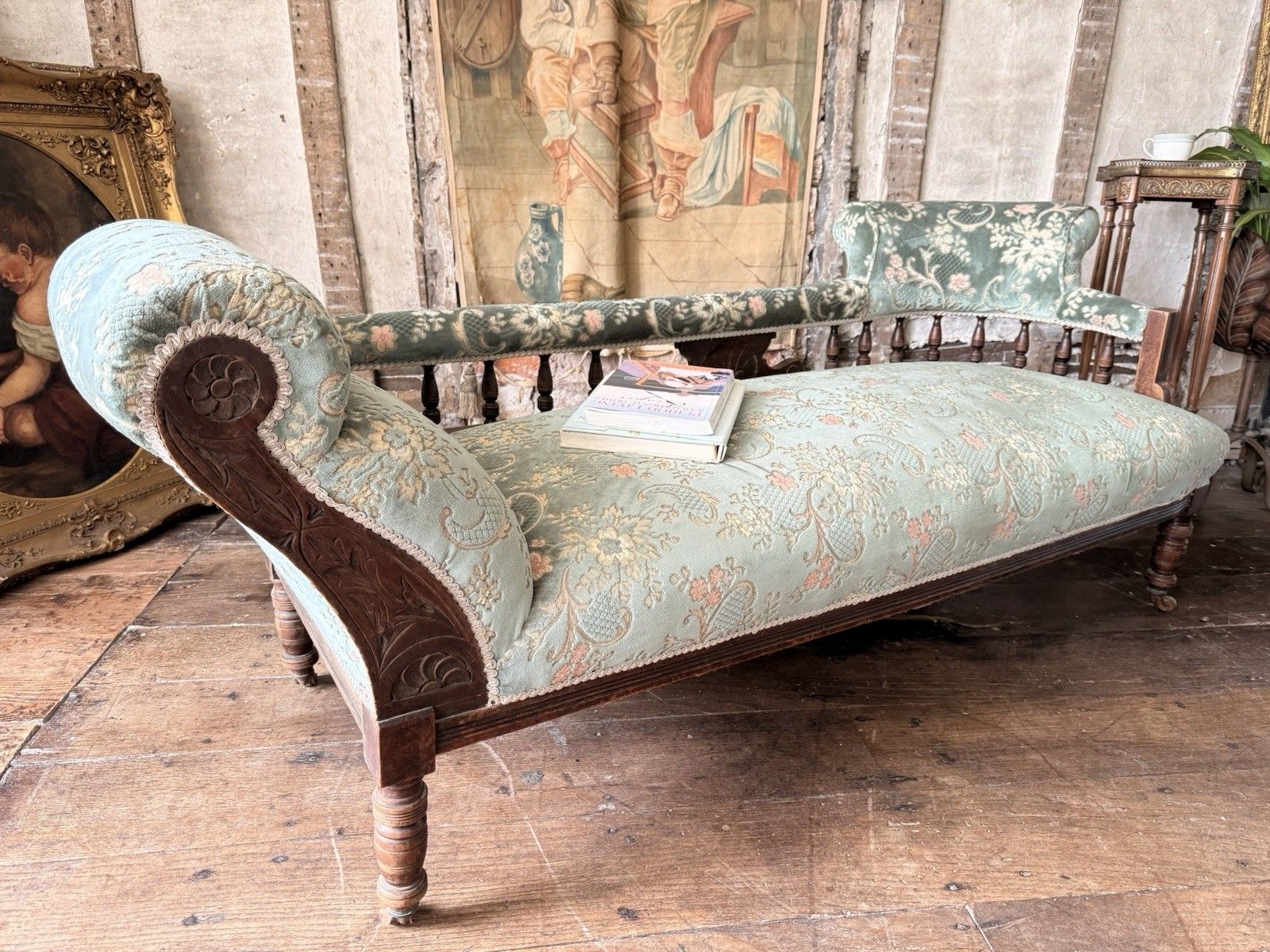Antique Victorian Country Sage Green Floral Chaise Lounge Longue Daybed 1880 C photo vinterior