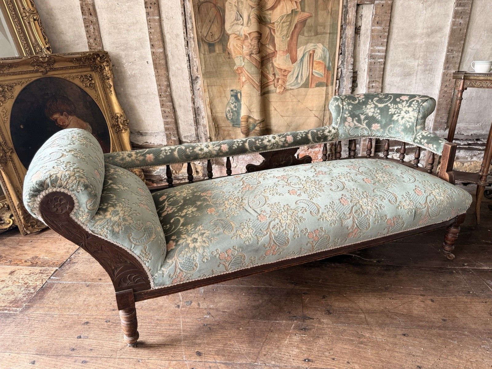 Antique Victorian Country Sage Green Floral Chaise Lounge Longue Daybed 1880 C photo buy