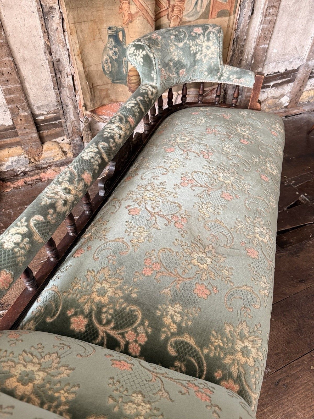 photo for sale Antique Victorian Country Sage Green Floral Chaise Lounge Longue Daybed 1880 C