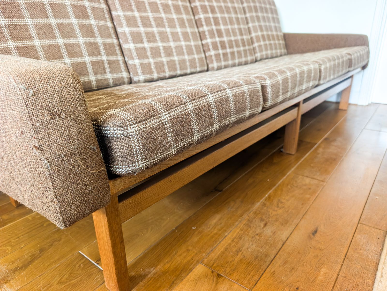 photo for sale Rare Mid Century 1960s Vintage Danish 4 Seater Retro Sofa In The Style Of Hans J. Wegner With Original Wool And Sprung Cushions