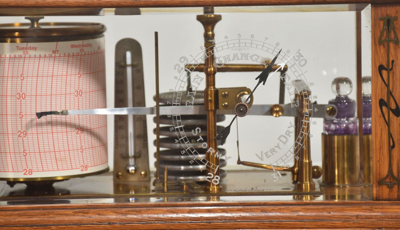 photo for sale Rare Hezzanith Oak Cased Barograph With Art Nouveau Inlay
