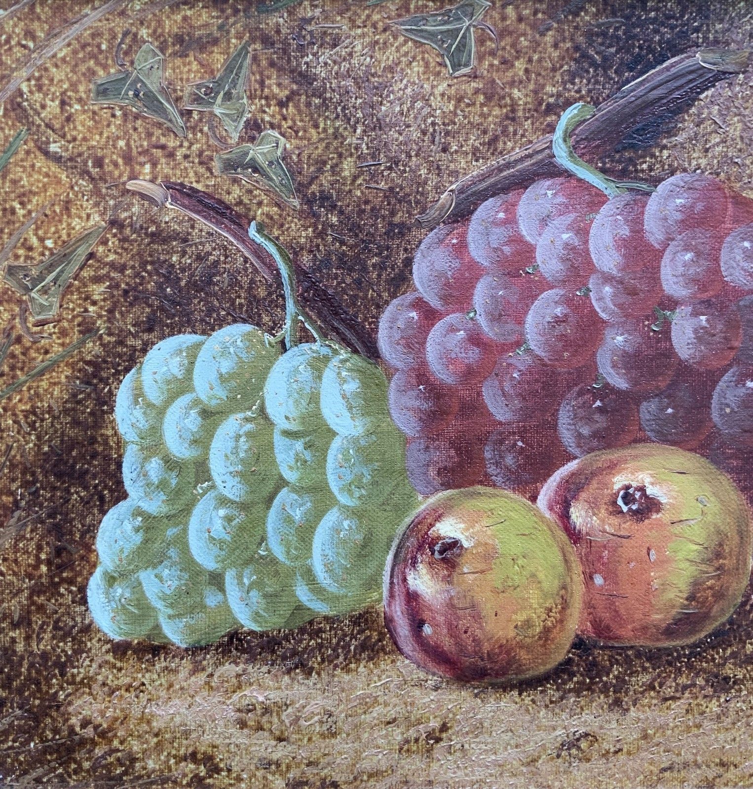Antique Fruit Still Life Oil Painting Early 20th Century Grapes & Apples photo vinterior