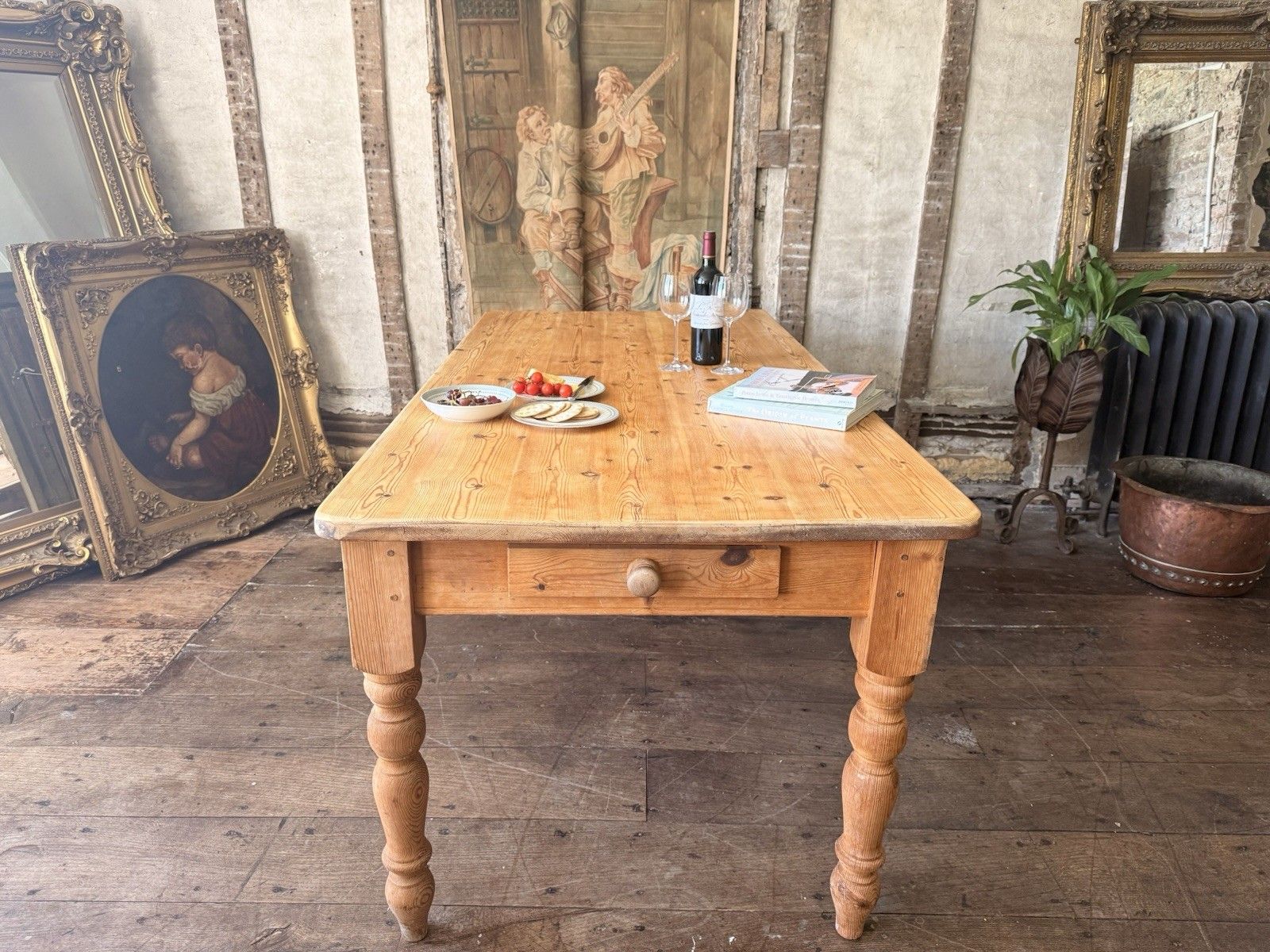 photo for sale Vintage Rustic Country Farmhouse Pine Dining Kitchen Table W/ Drawer  Seats 6 8