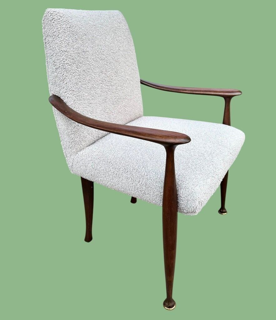 A Pair Of Italian 1950s Wallnut Chairs By Cassina Newly Upholstered In Light Grey Boucle photo furniture