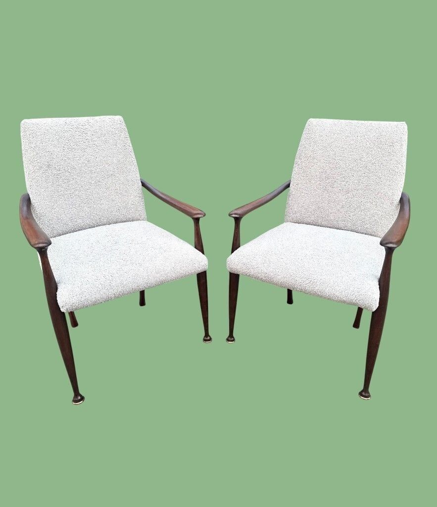 A Pair Of Italian 1950s Wallnut Chairs By Cassina Newly Upholstered In Light Grey Boucle photo 3450.0