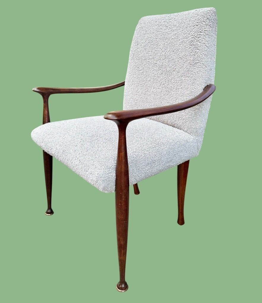 A Pair Of Italian 1950s Wallnut Chairs By Cassina Newly Upholstered In Light Grey Boucle photo vintage