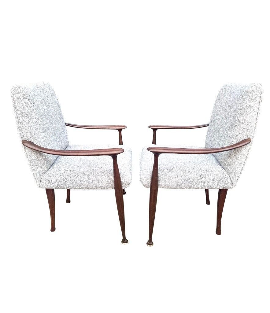 photo furniture A Pair Of Italian 1950s Wallnut Chairs By Cassina Newly Upholstered In Light Grey Boucle