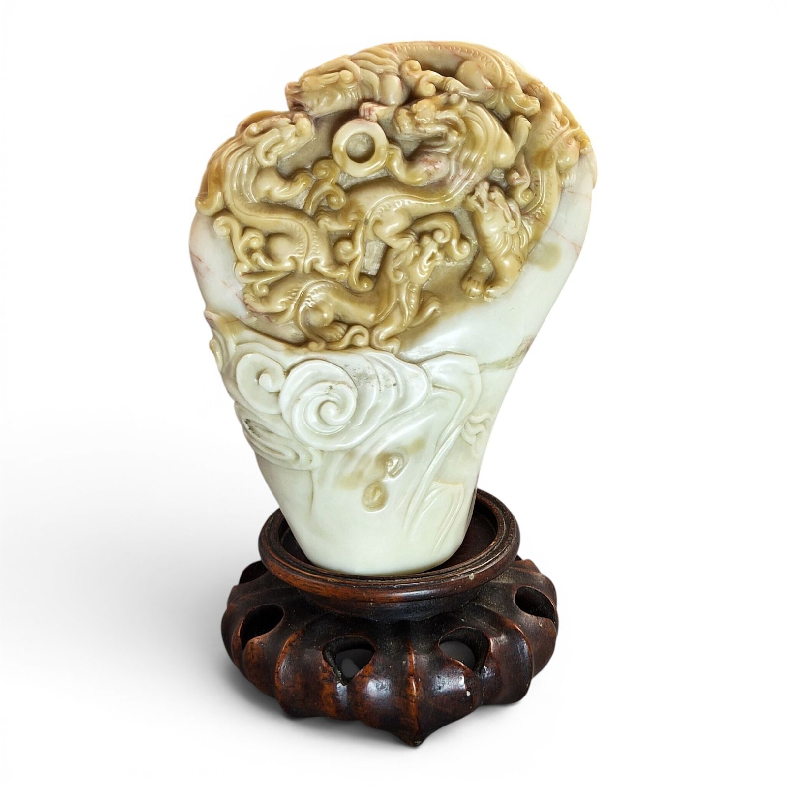 Chinese Shoushan Stone Dragon Carving On Wooden Stand, Late 19th / Early 20th C.
