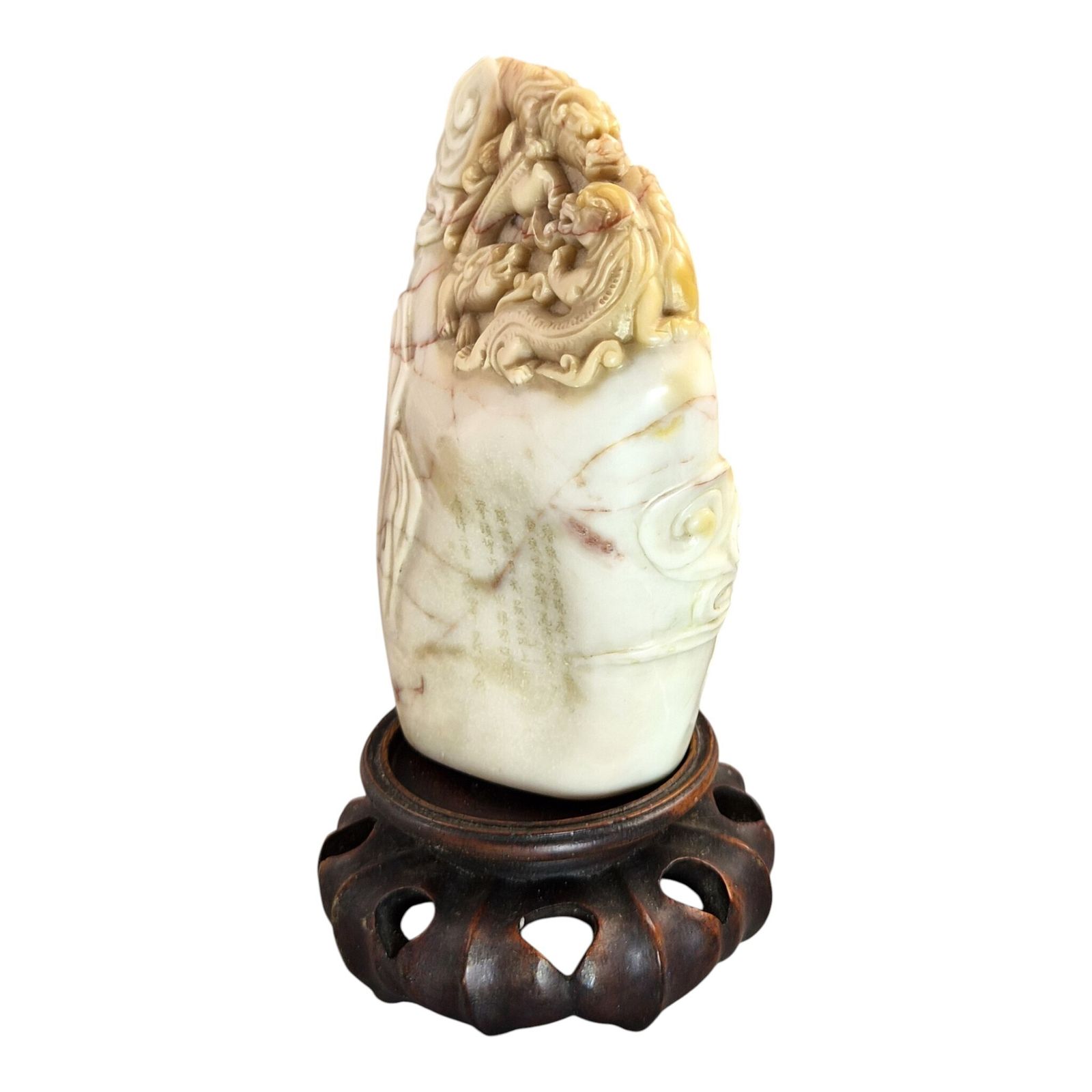 photo furniture Chinese Shoushan Stone Dragon Carving On Wooden Stand, Late 19th / Early 20th C.