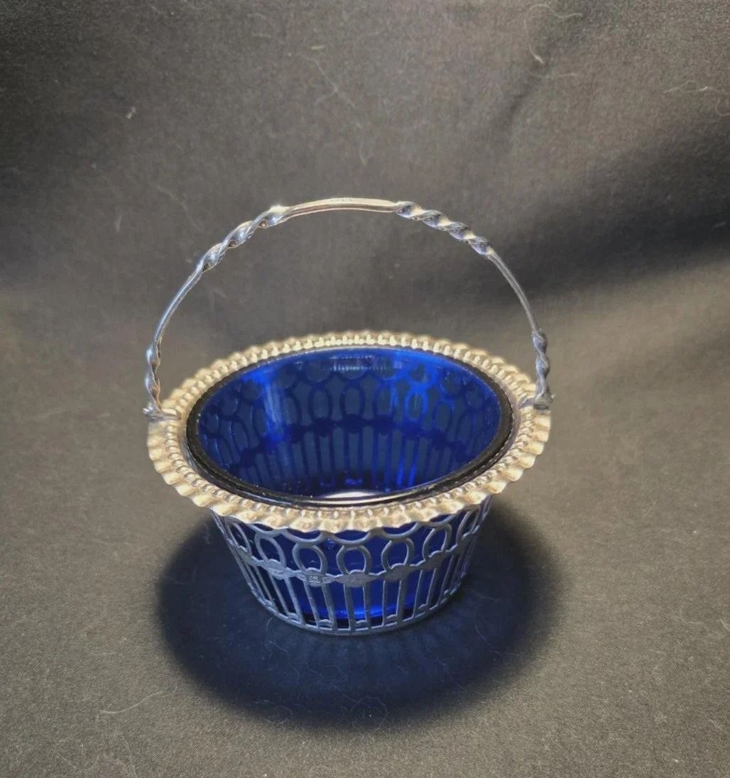 Antique Solid Silver Bristol Blue Swing Handle Basket 1902 Cohen & Charles photo Home Decor
