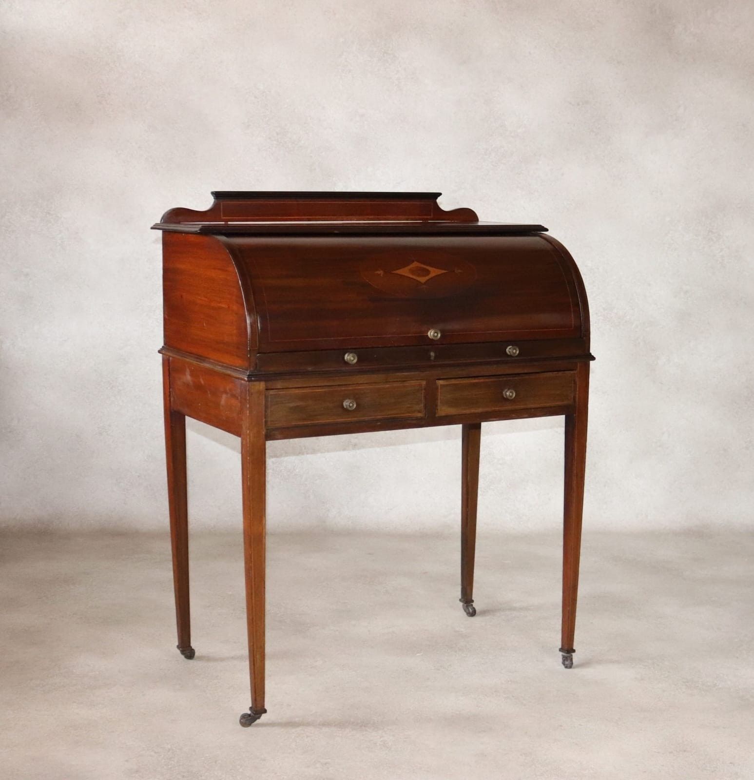 ​Antique Edwardian Mahogany Cylinder Bureau Desk Sheraton Style Circa 1900