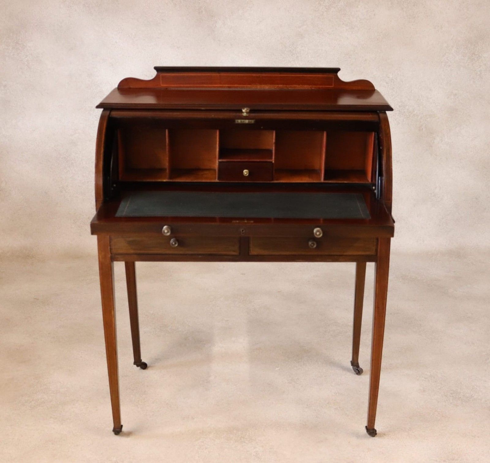 ​Antique Edwardian Mahogany Cylinder Bureau Desk Sheraton Style Circa 1900 photo for sale