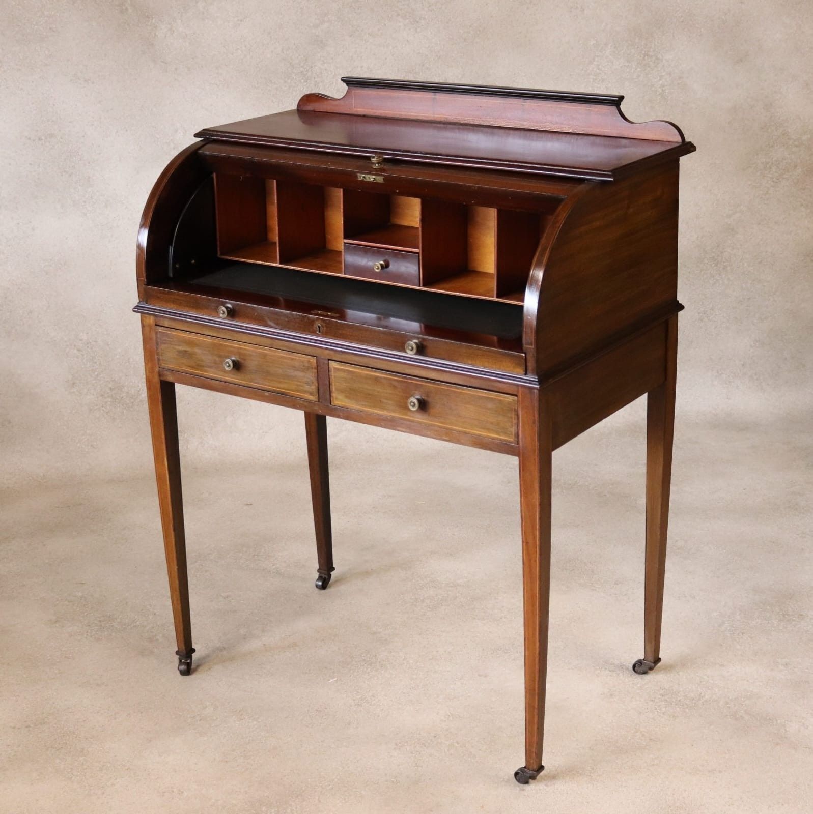 photo furniture ​Antique Edwardian Mahogany Cylinder Bureau Desk Sheraton Style Circa 1900