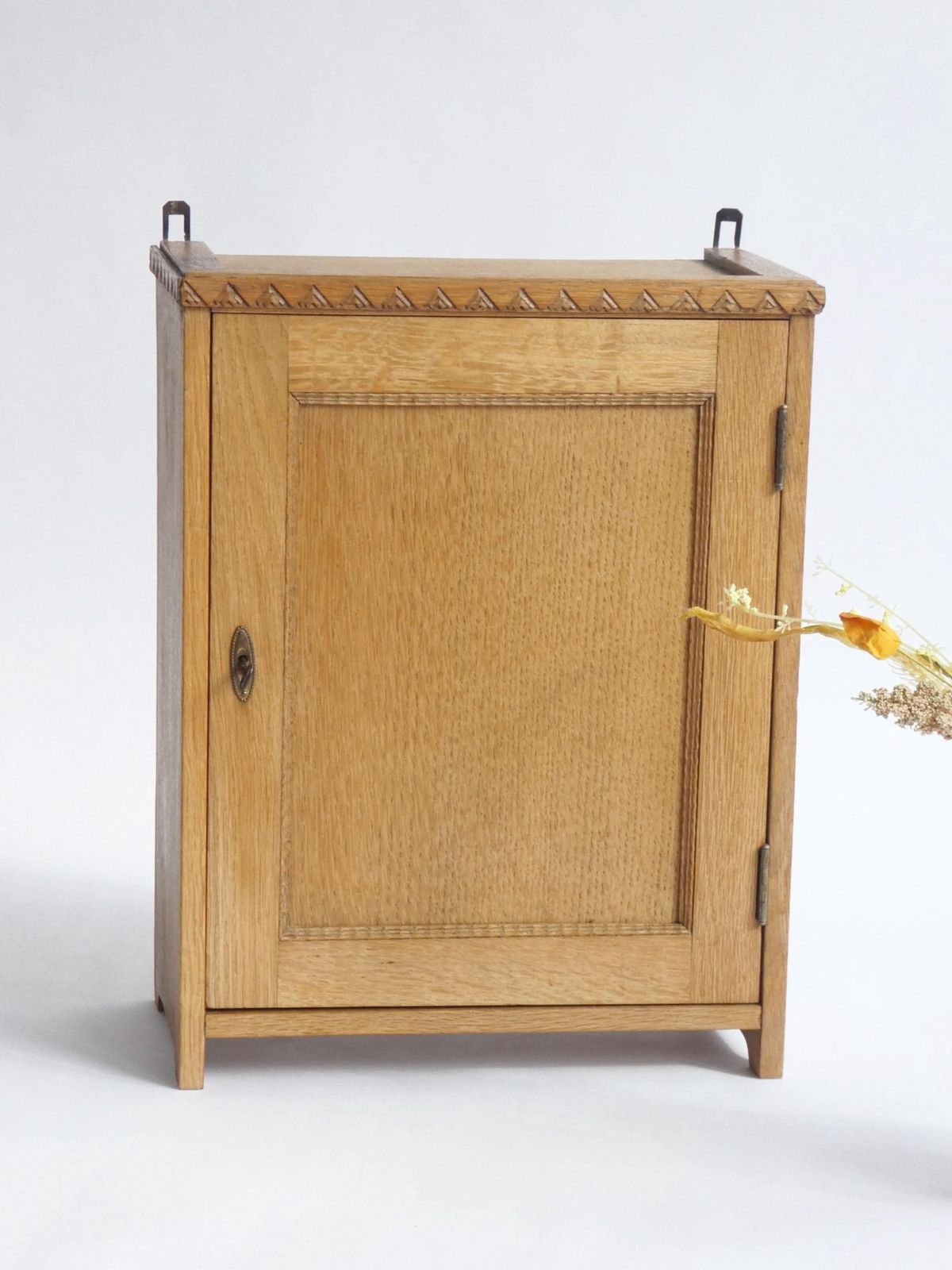 Antique Light Oak Art Deco Medicine Cabinet, Small Apothecary Chest With Carved Details photo furniture