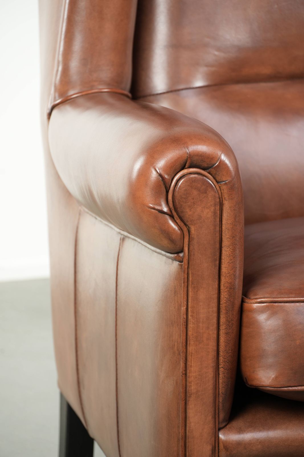 Furniture Large Sheepskin Wing Armchair In Like New Condition, In Timeless English Style, With Excellent Seating Comfort. photo