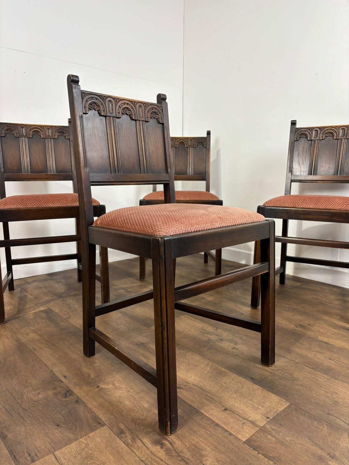 Furniture Vintage Set Of Four Oak Priory Style Dining Chairs photo
