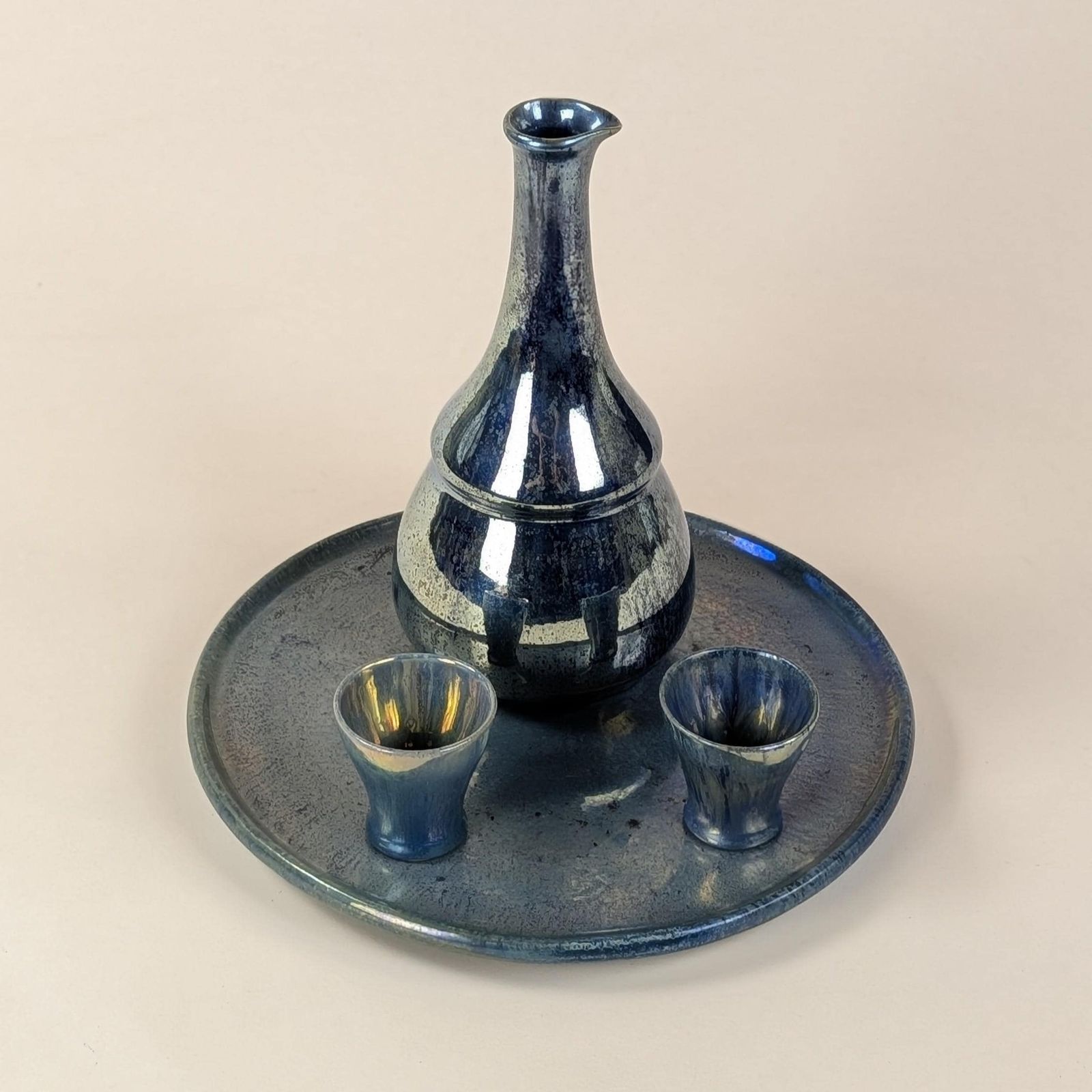 Liqueur Set, Flamed Stoneware Rambervillers Alphonse Cytere Blue Luster Ceramic Carafe Cups Tray Art Deco photo for sale
