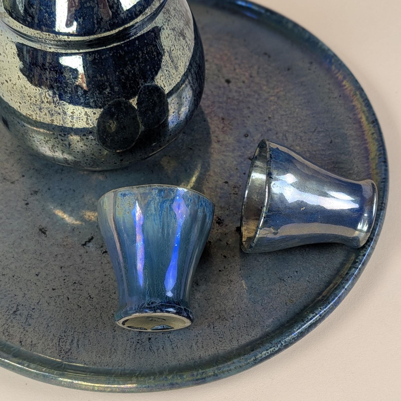 Liqueur Set, Flamed Stoneware Rambervillers Alphonse Cytere Blue Luster Ceramic Carafe Cups Tray Art Deco photo vintage