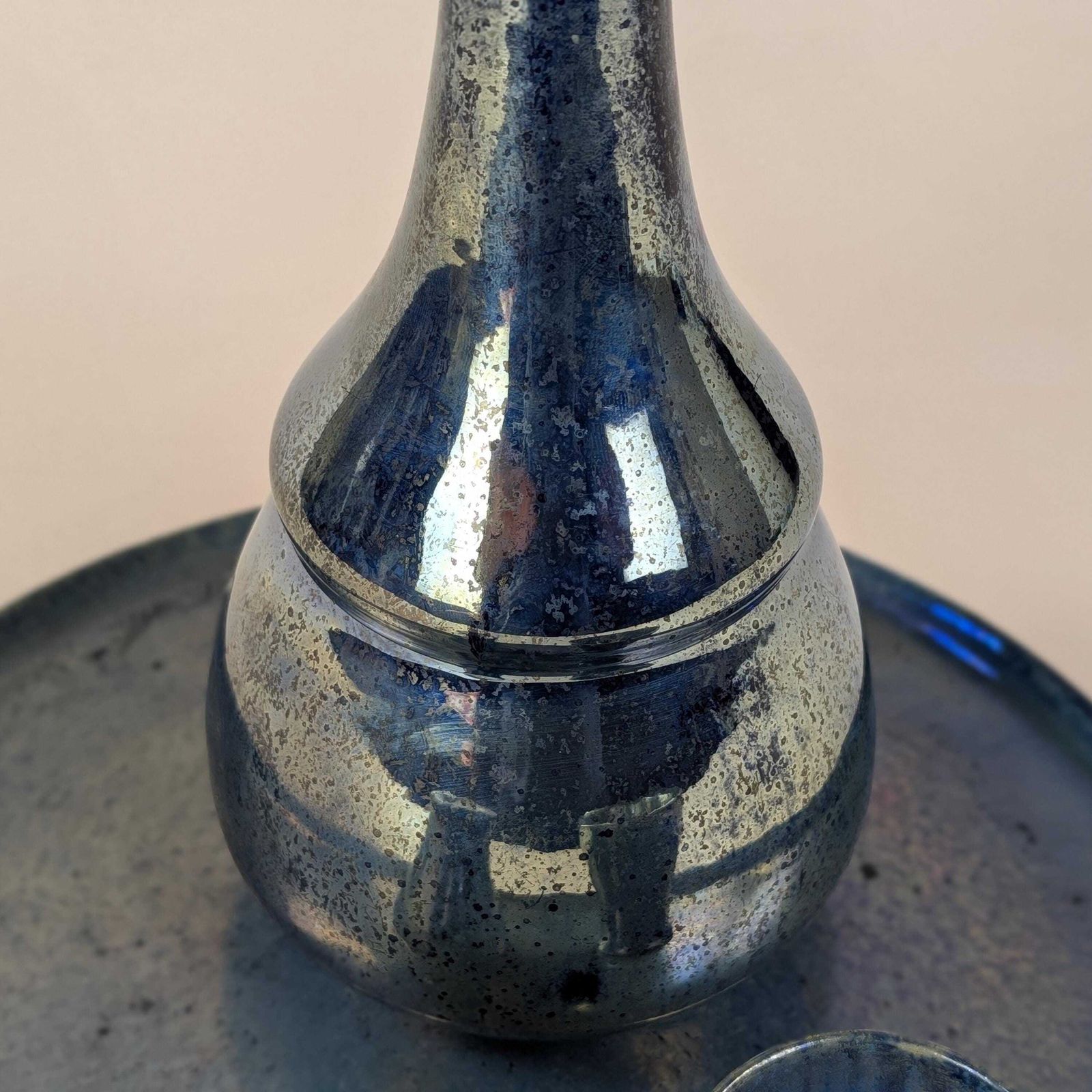 photo for sale Liqueur Set, Flamed Stoneware Rambervillers Alphonse Cytere Blue Luster Ceramic Carafe Cups Tray Art Deco
