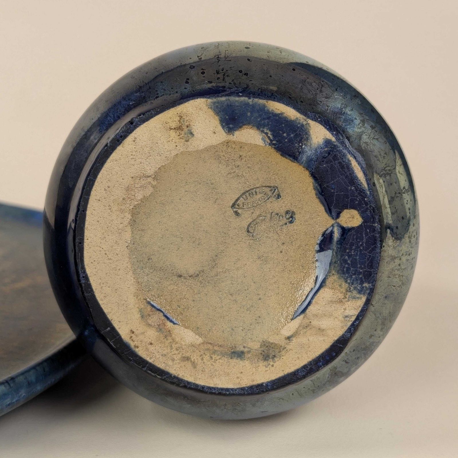 Home Decor Liqueur Set, Flamed Stoneware Rambervillers Alphonse Cytere Blue Luster Ceramic Carafe Cups Tray Art Deco photo
