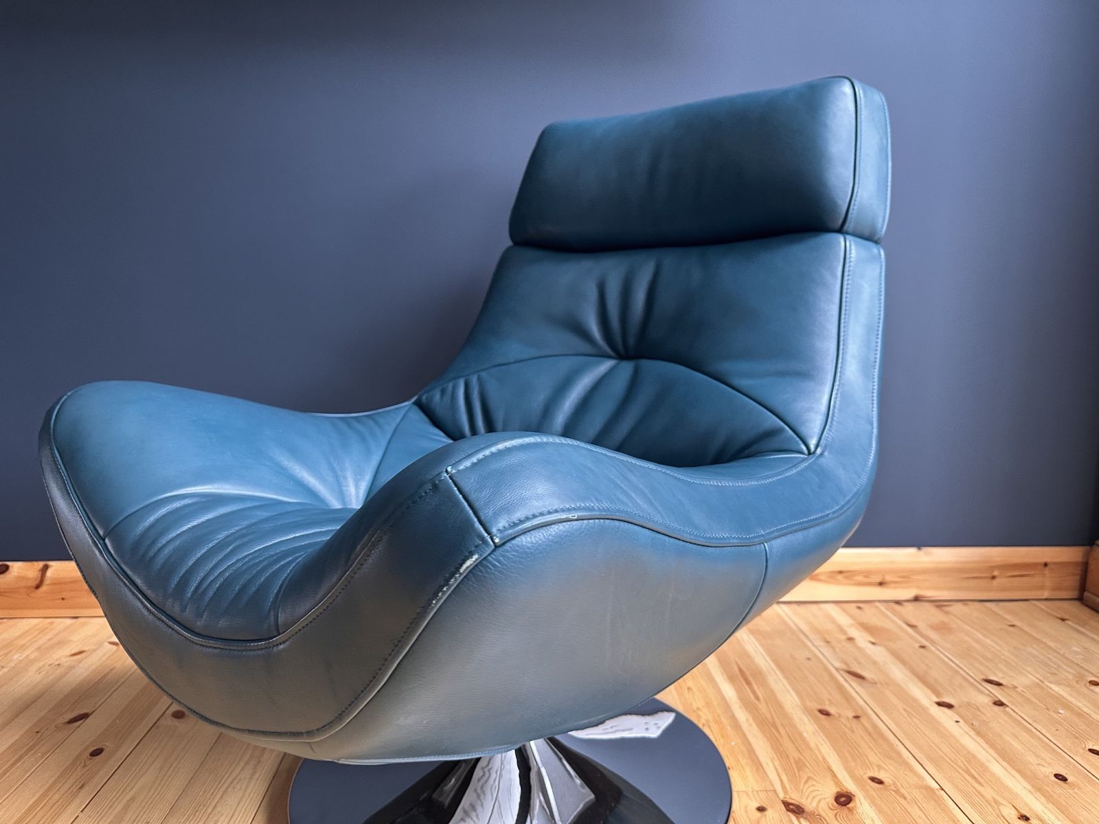 Retro Swivel Armchair In Teal Full Grain Leather With Chrome Base photo for sale