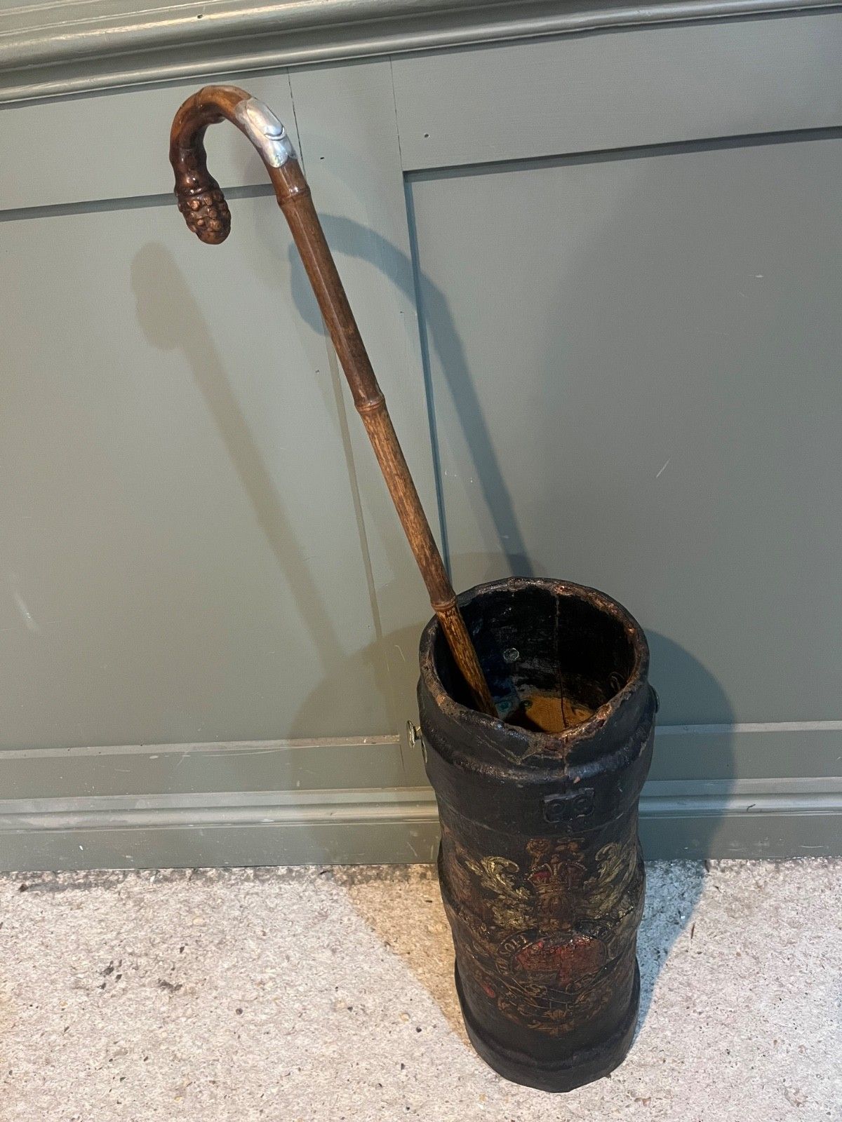 Antique Stick/Umbrella Stand Leather Cordite Shell Case W Royal Insignia photo for sale