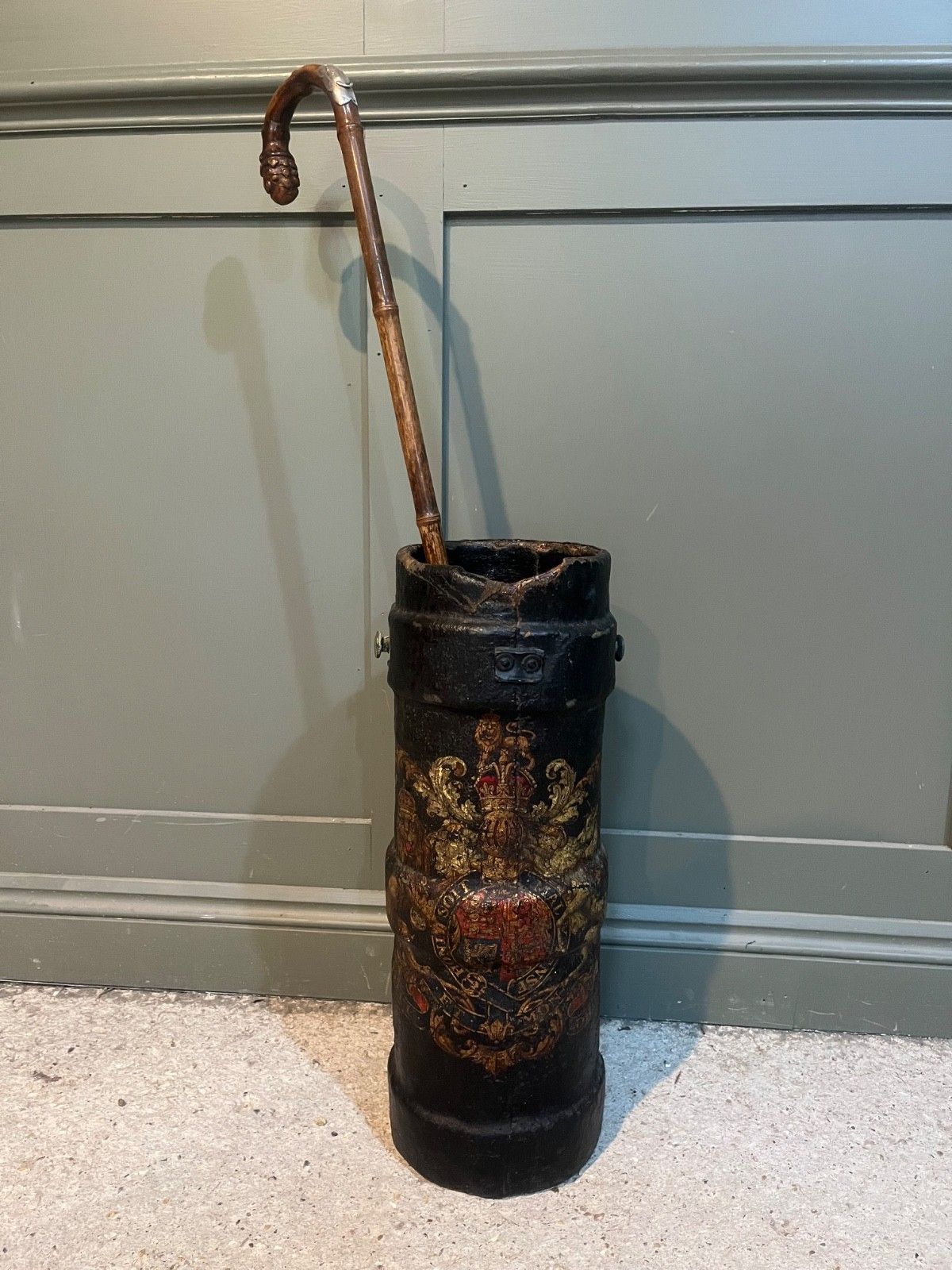 photo furniture Antique Stick/Umbrella Stand Leather Cordite Shell Case W Royal Insignia