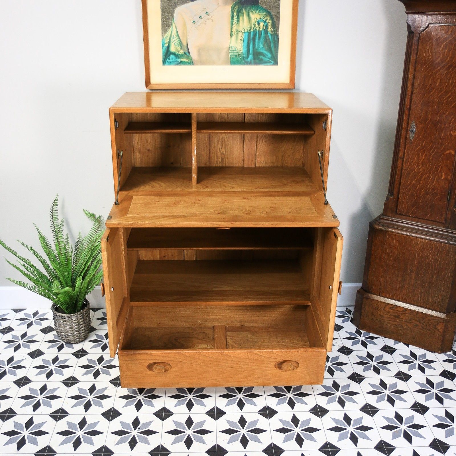 photo furniture Ercol Windsor Blonde Drinks Cocktail Cabinet Bureau In Elm Model 469