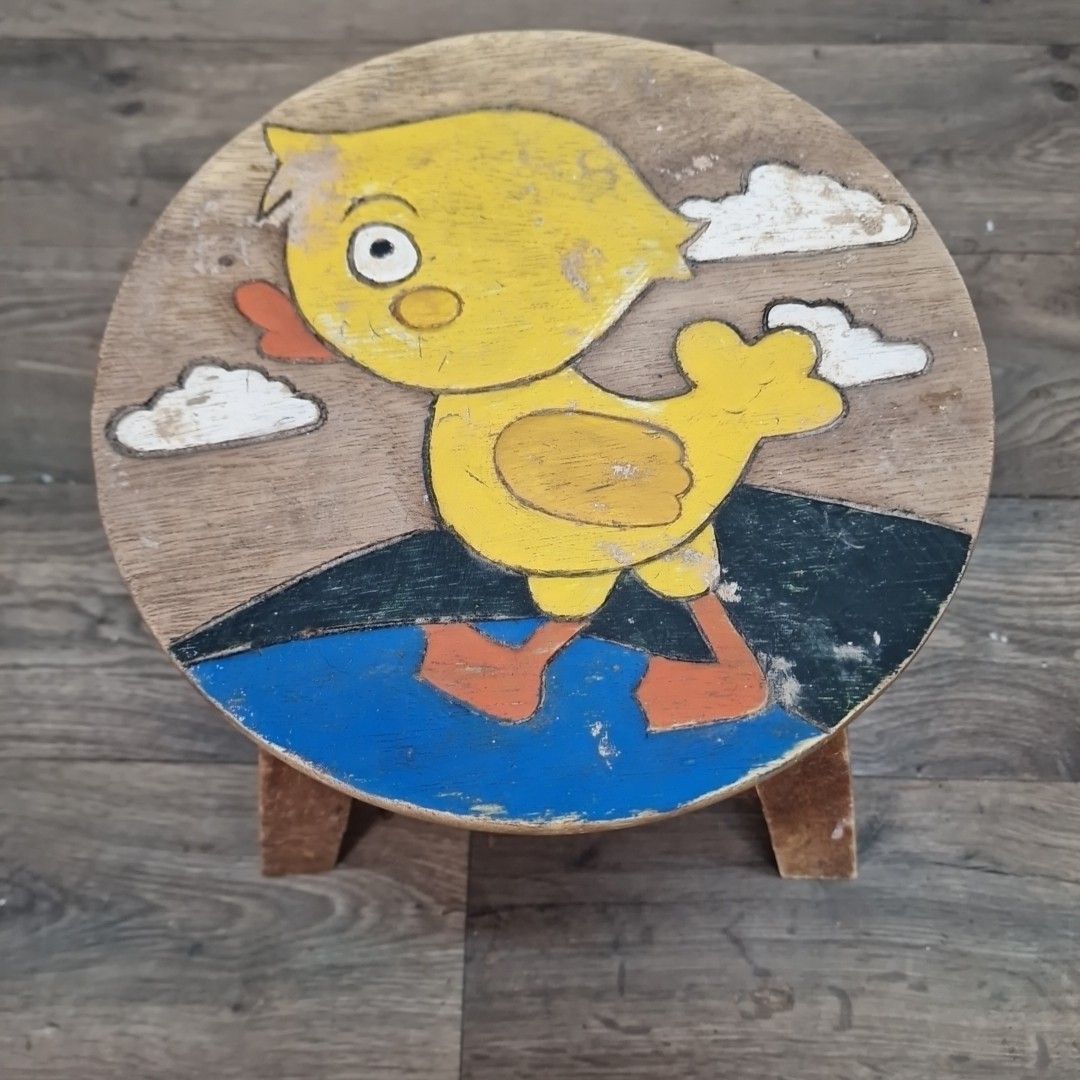Vintage Wooden Childs Stool Painted Nursery Step Seat Duck Design Rustic Kids photo 60.0