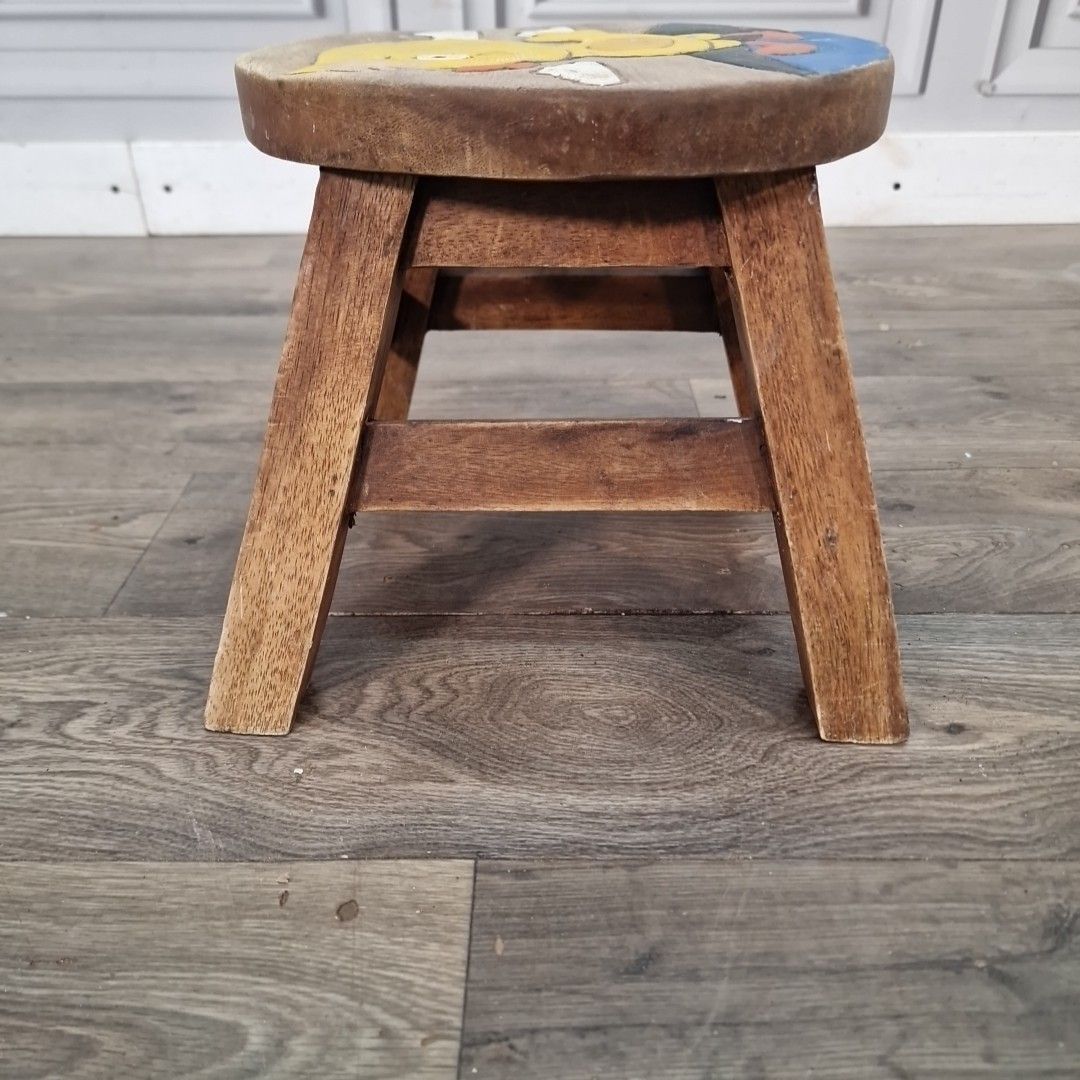 Furniture Vintage Wooden Childs Stool Painted Nursery Step Seat Duck Design Rustic Kids photo
