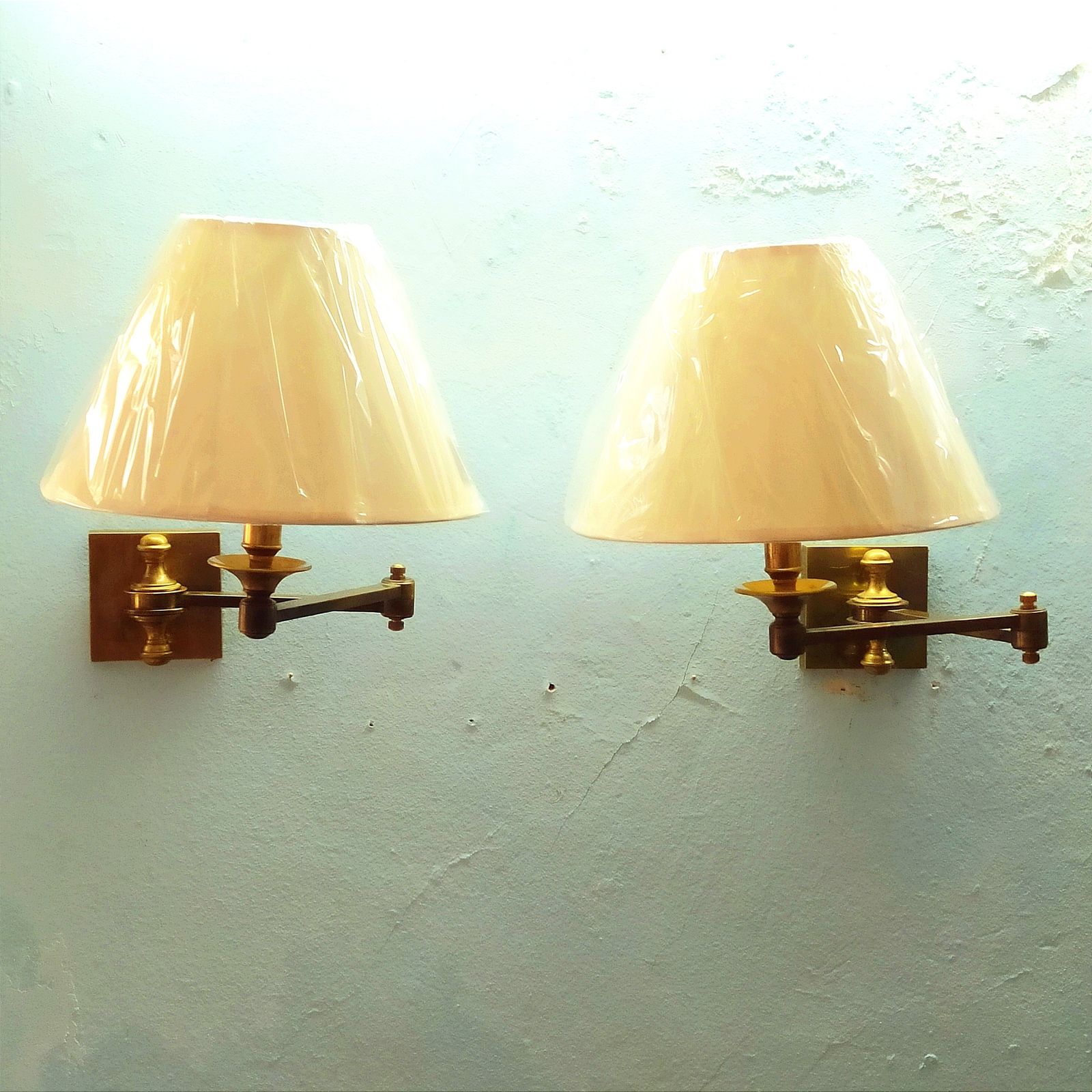 Pair Of 1960's Brass Swing Arm Wall Lights photo vintage