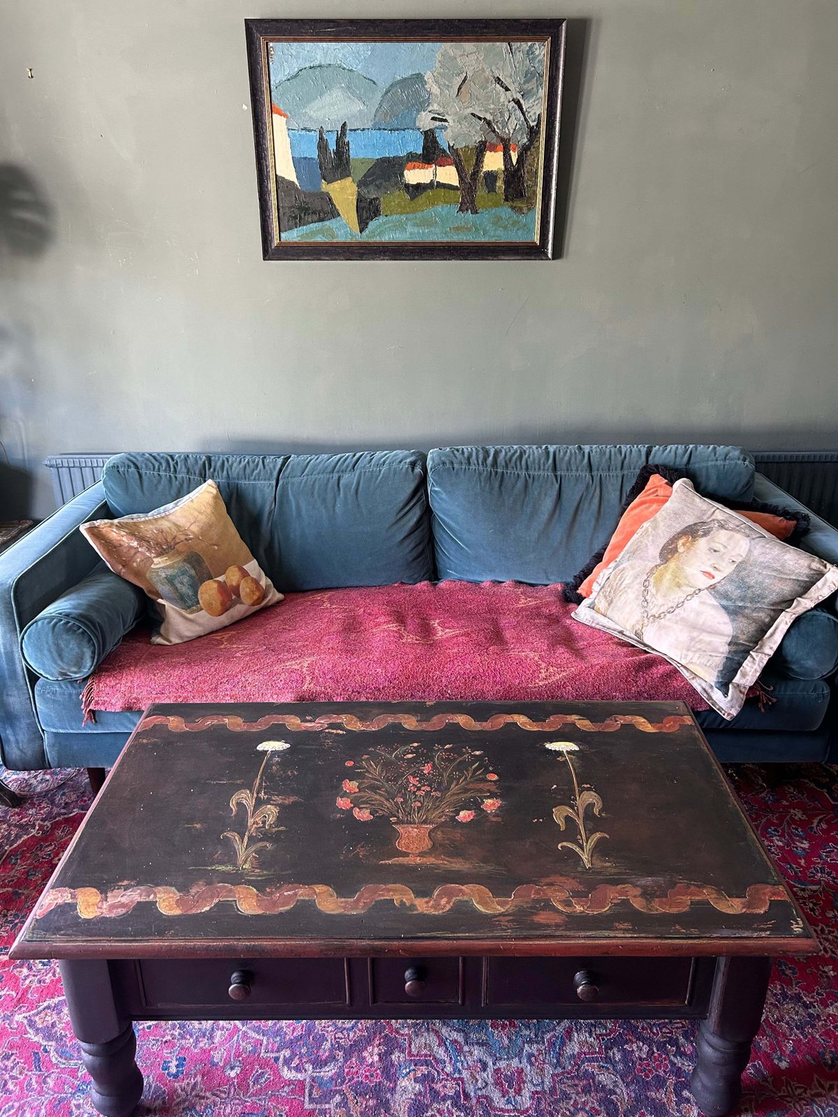 Vintage Painted Coffee Table With Folk Art Design photo furniture