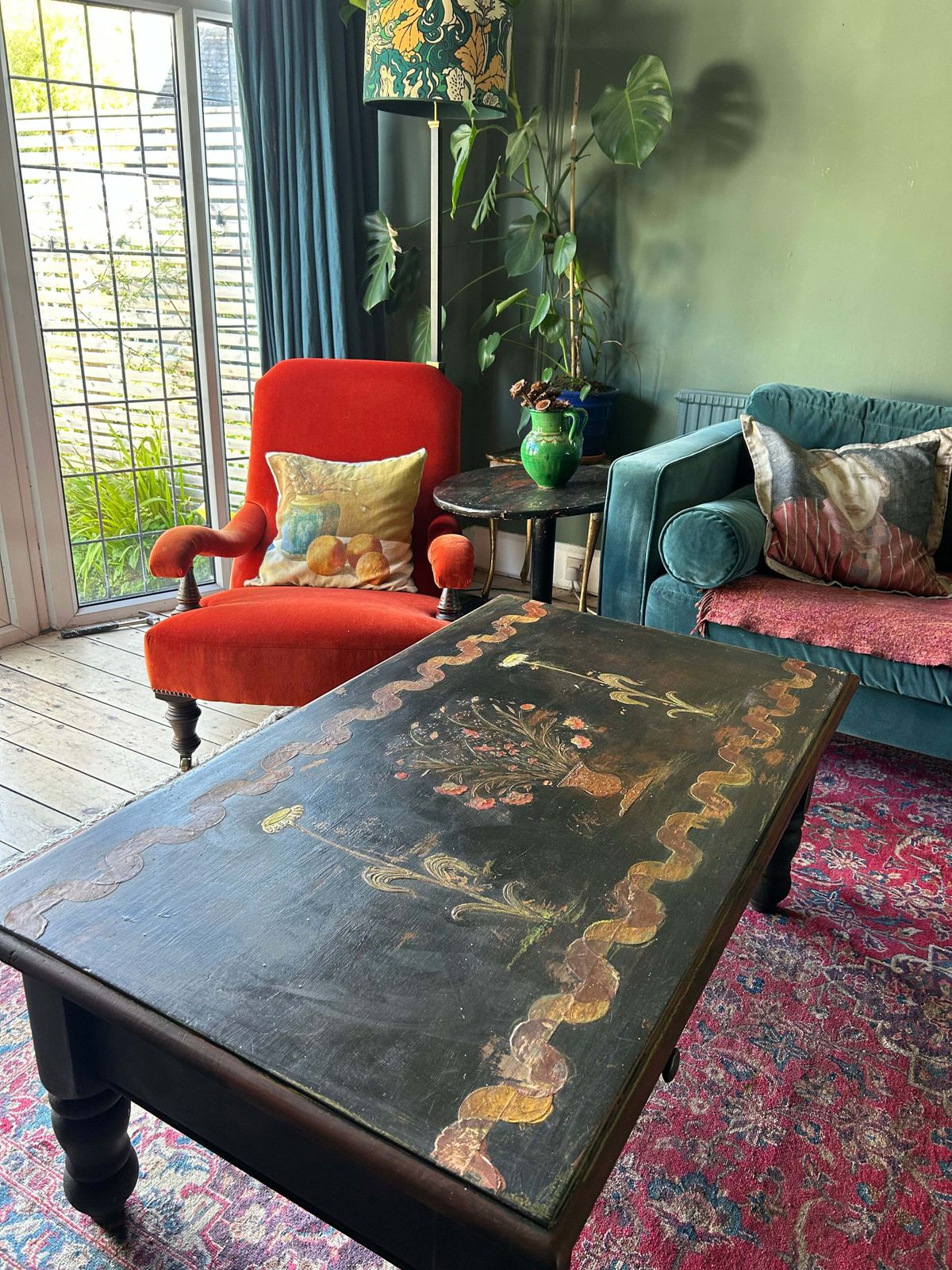 Vintage Painted Coffee Table With Folk Art Design photo for sale
