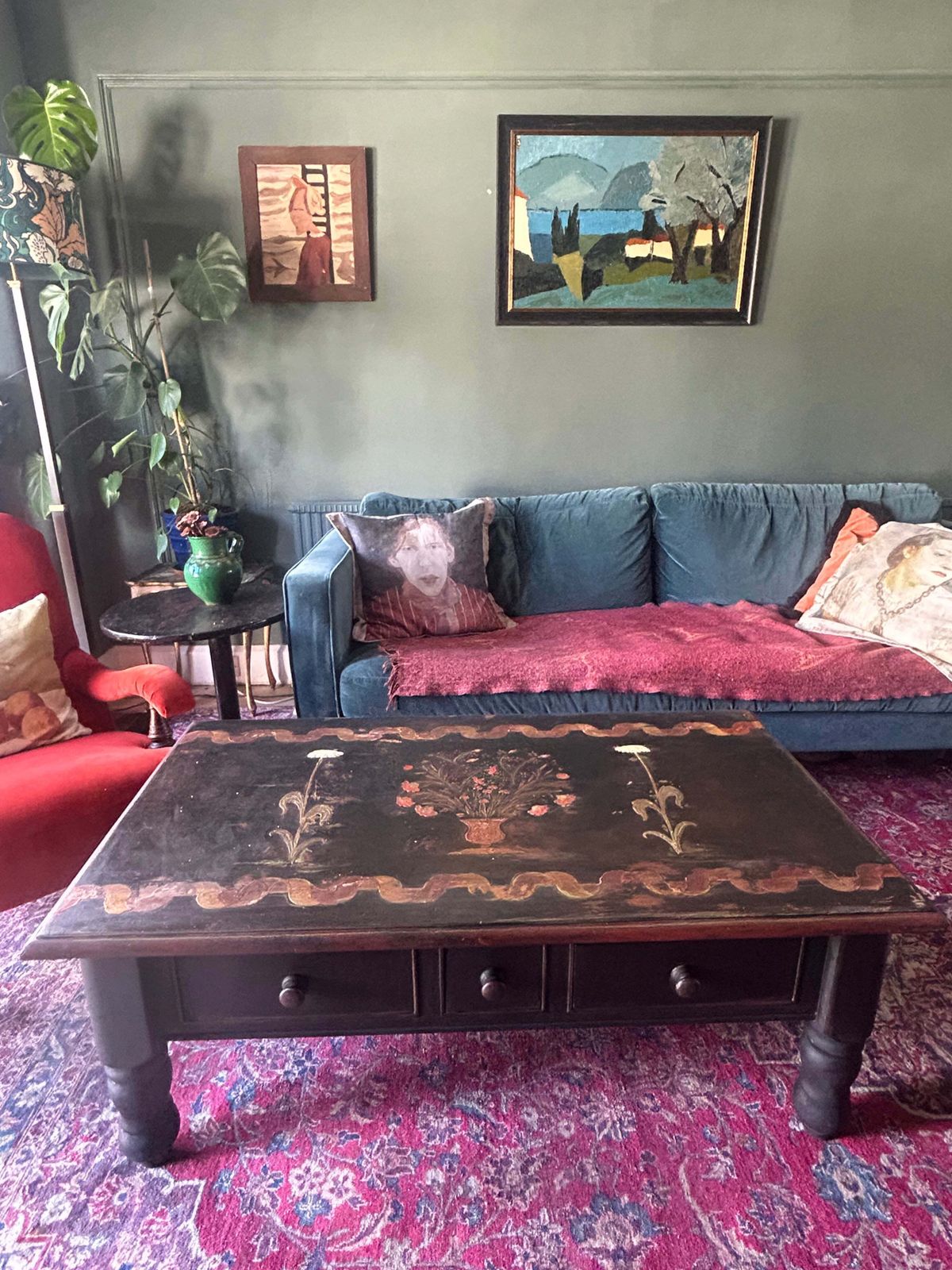 Vintage Painted Coffee Table With Folk Art Design photo Furniture