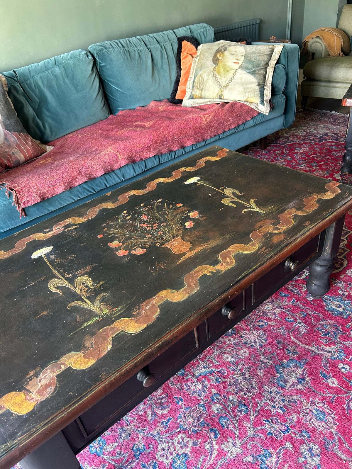 Vintage Painted Coffee Table With Folk Art Design photo 450.0