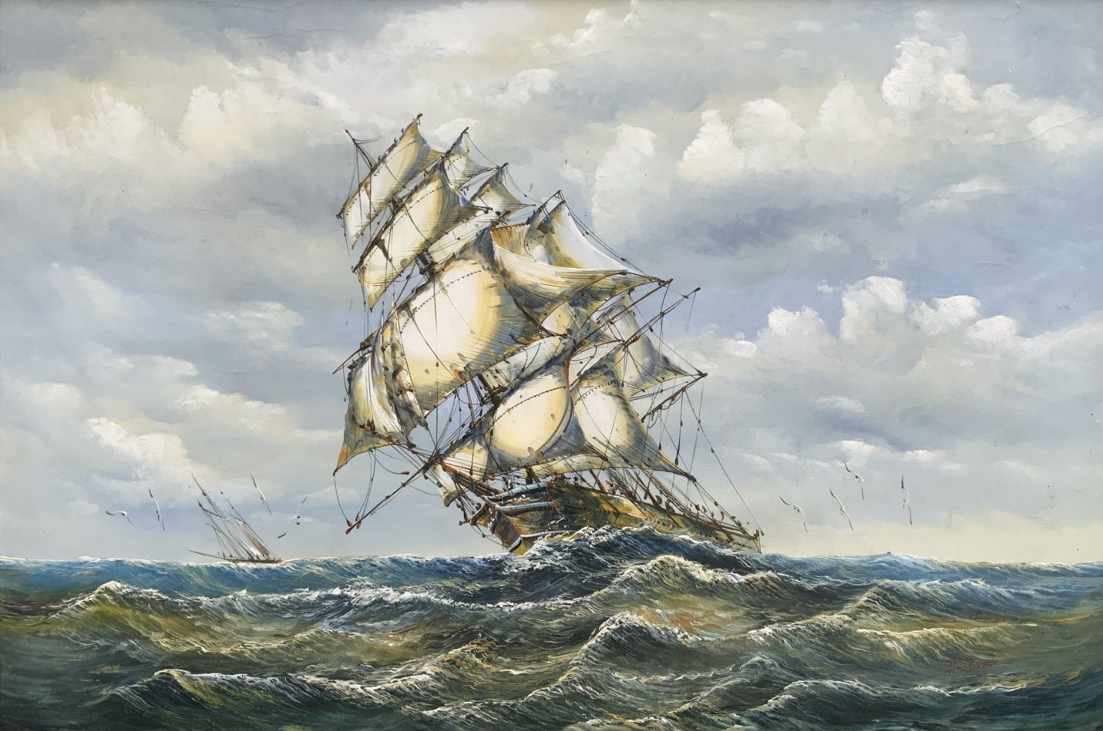 John Ambrose (1931–2010) Large Marine Rough Seas Ship Seascape Oil Painting photo for sale