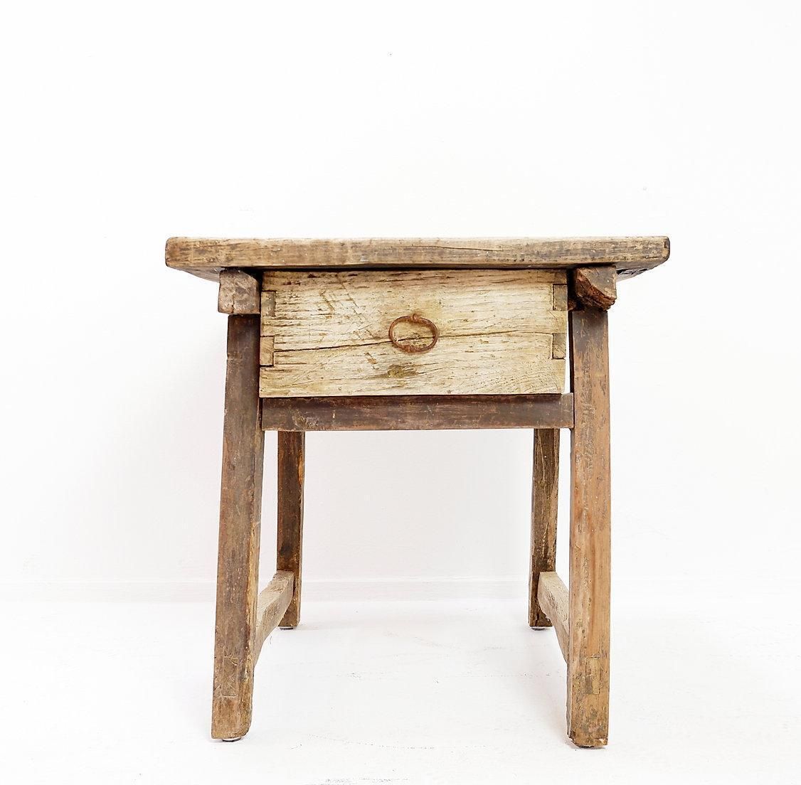 Rustic Farmhouse Side Table With Drawer, Wood And Metal, Circa 1960 photo furniture