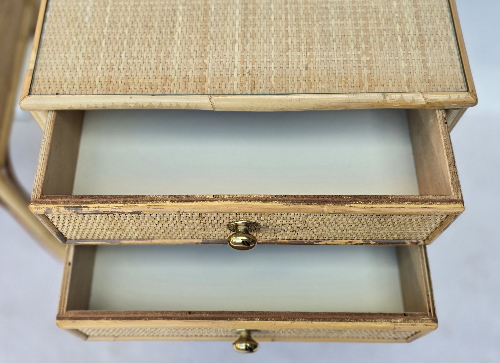 A Pair Of Mid Century Angraves Bamboo Bedside Tables With Glass Tops. photo vintage