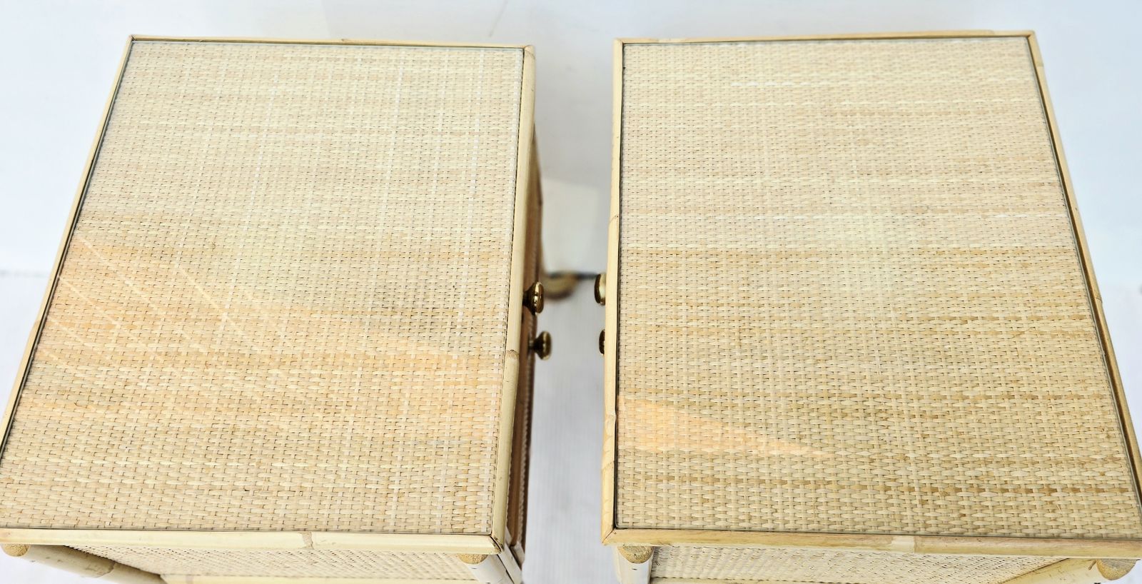 595.0 A Pair Of Mid Century Angraves Bamboo Bedside Tables With Glass Tops. photo