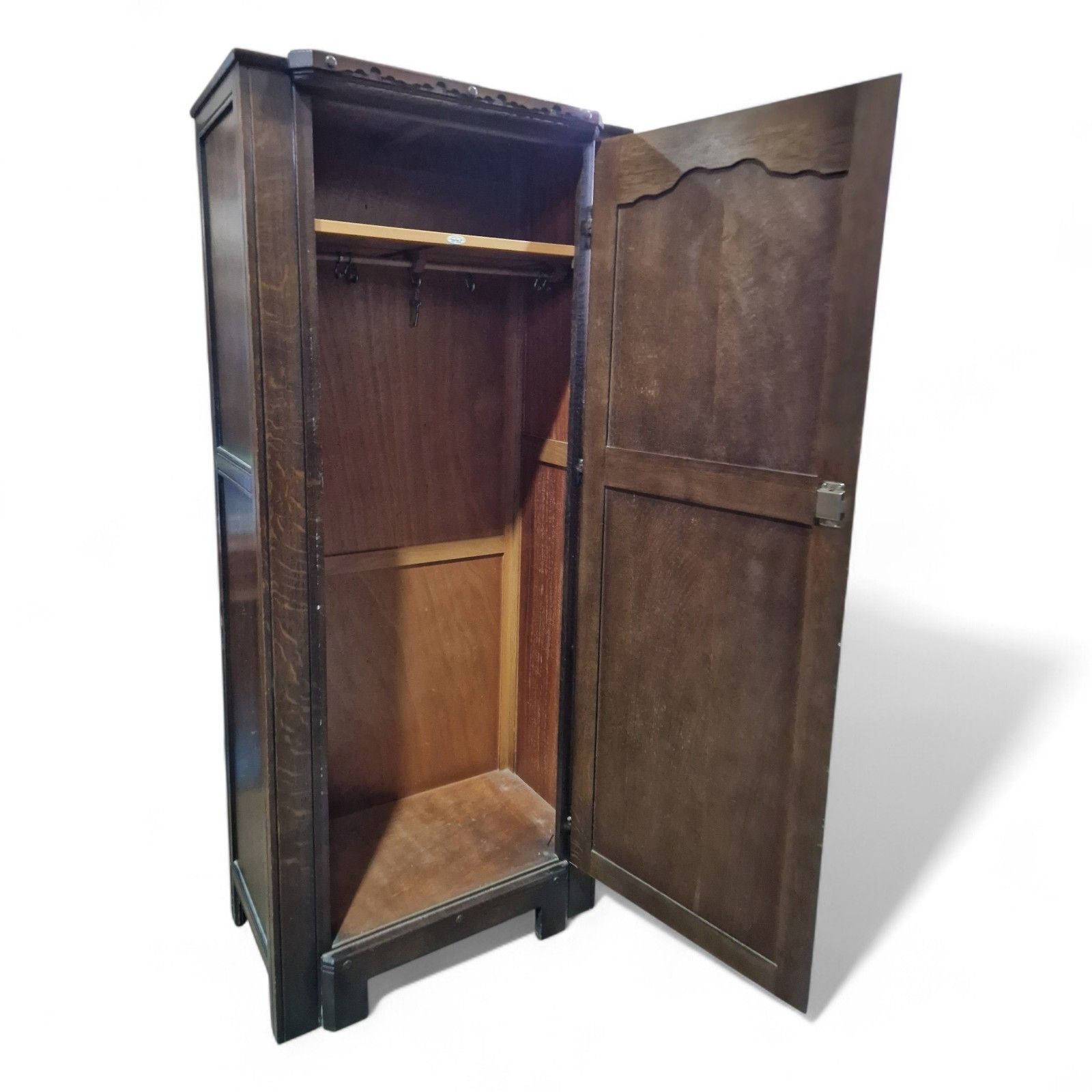 Carved Oak Fitted Wardrobe – Small Antique Vintage Single Robe Hall Cupboard photo vintage