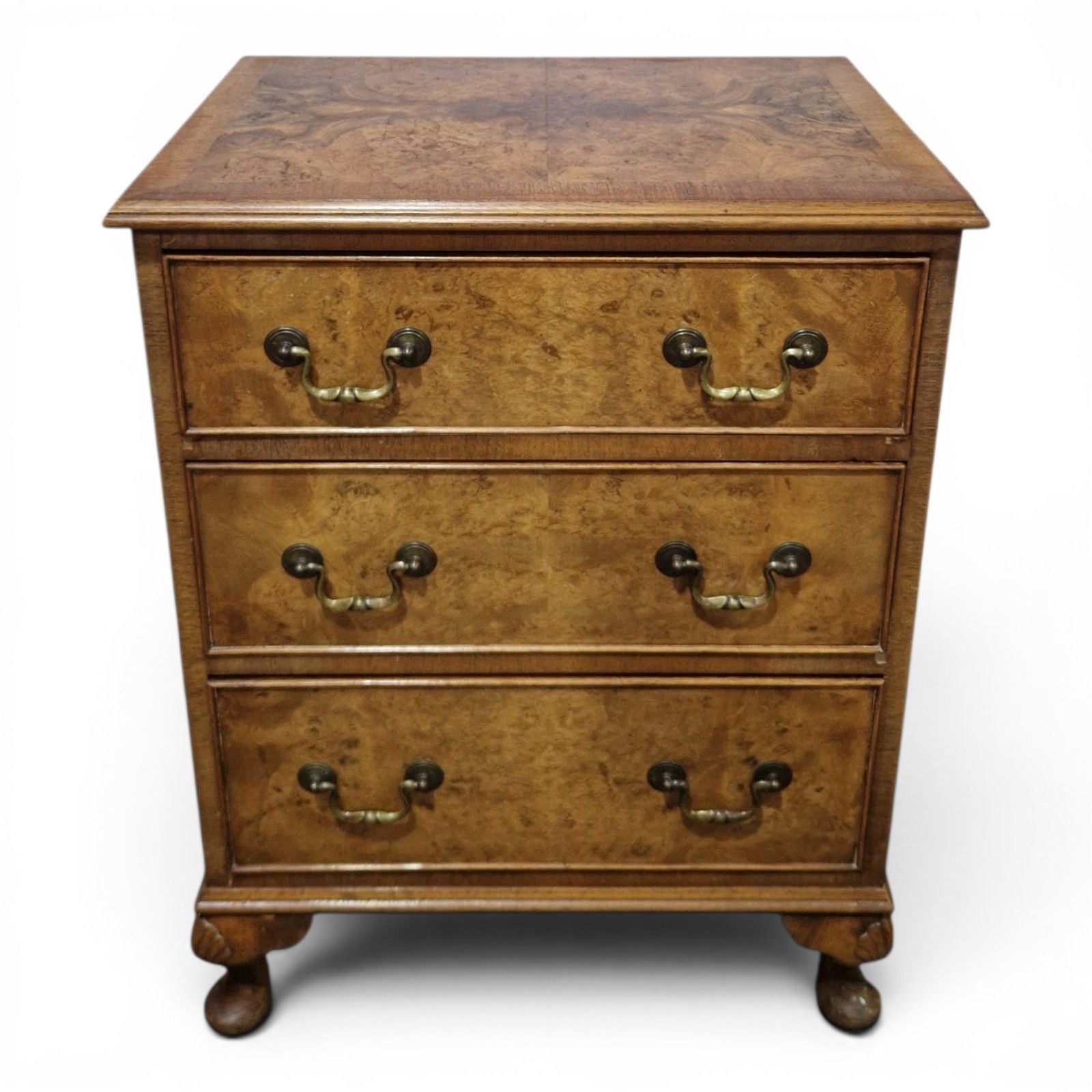 Walnut Chest Of 3 Drawers Cabriole Legs Figured Top Small Antique Style photo furniture