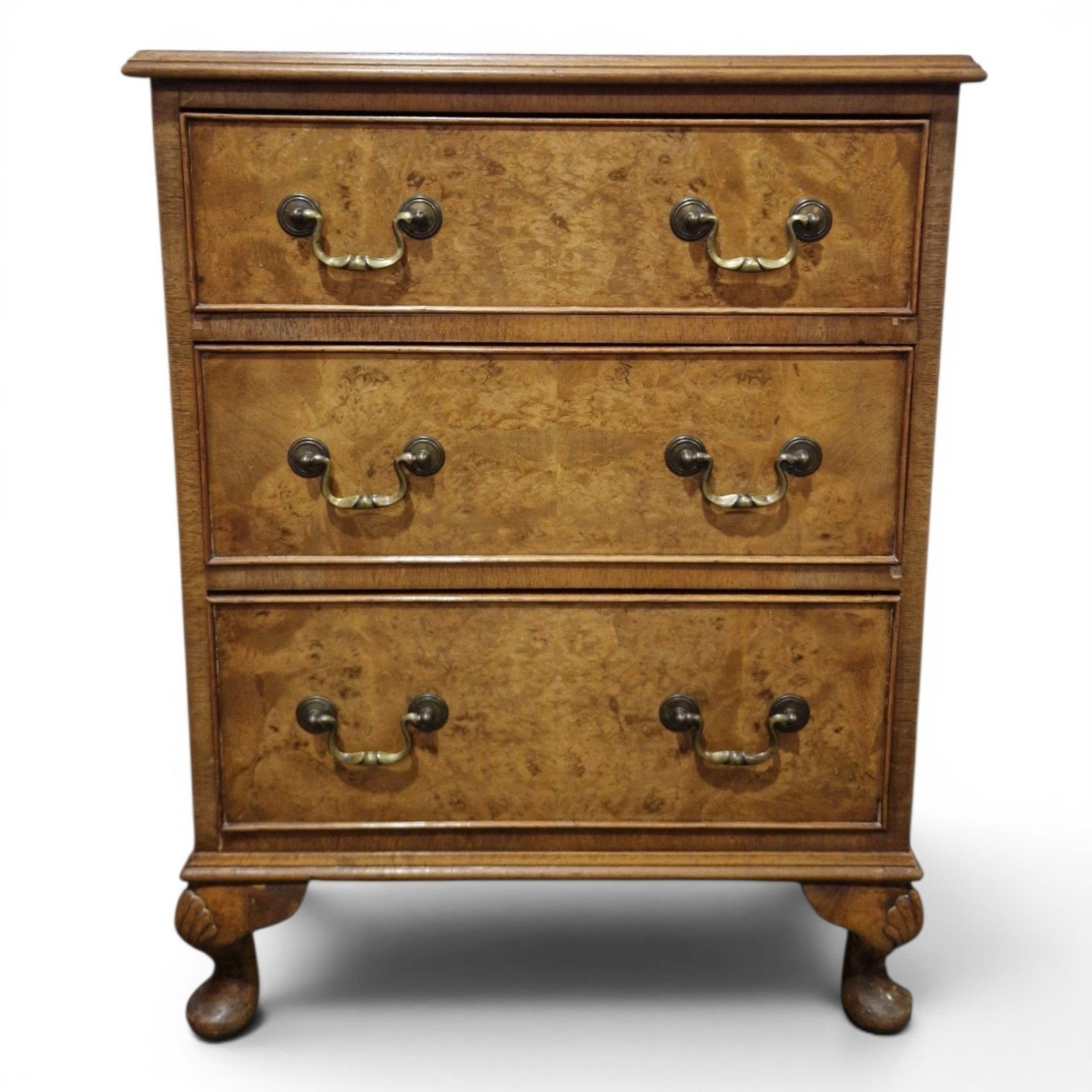 Walnut Chest Of 3 Drawers Cabriole Legs Figured Top Small Antique Style photo for sale