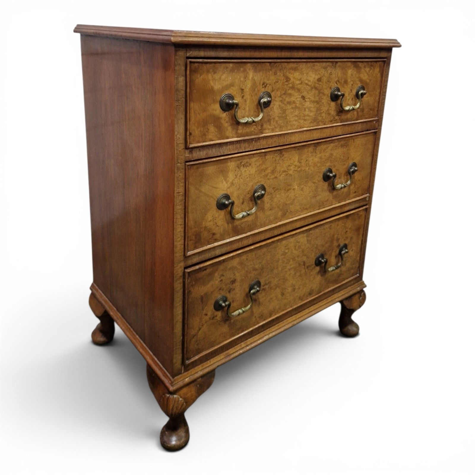 Walnut Chest Of 3 Drawers Cabriole Legs Figured Top Small Antique Style photo 225.0