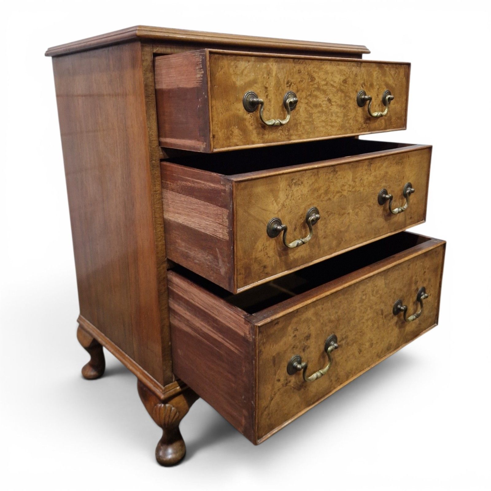 Walnut Chest Of 3 Drawers Cabriole Legs Figured Top Small Antique Style photo vintage