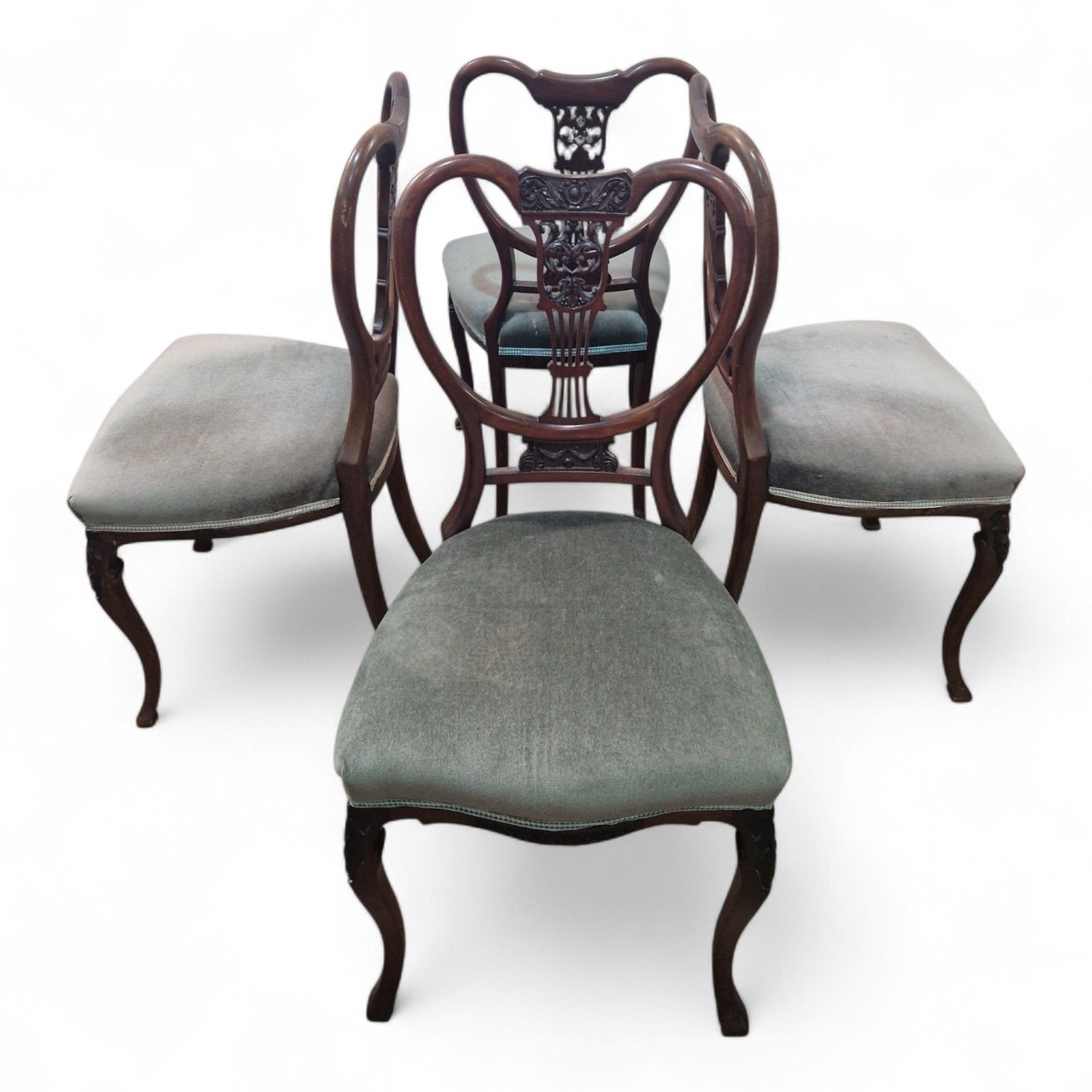 Set 4 Victorian Mahogany Dining Chairs Carved Balloon Back Blue Upholstery photo vinterior