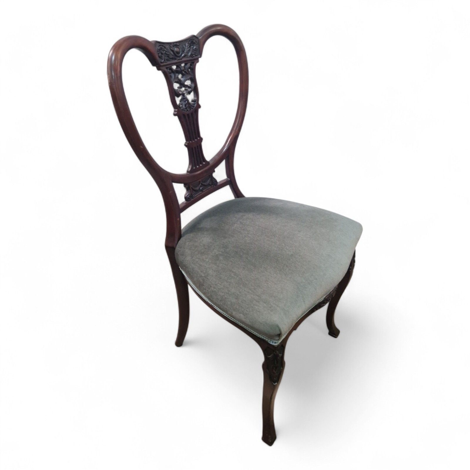 photo vinterior Set 4 Victorian Mahogany Dining Chairs Carved Balloon Back Blue Upholstery