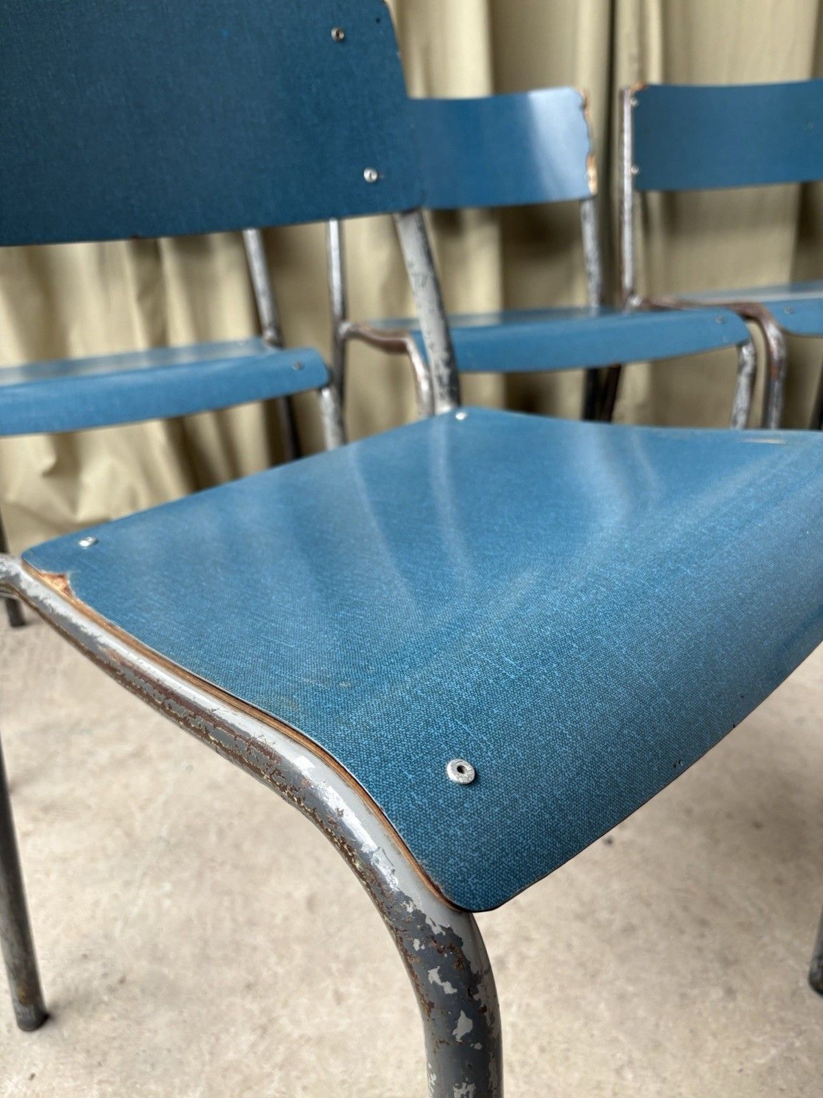 Vtg Mid Century Industrial Metal Set Of 6 Stacking Dining Chairs Retro R1196 photo vinterior