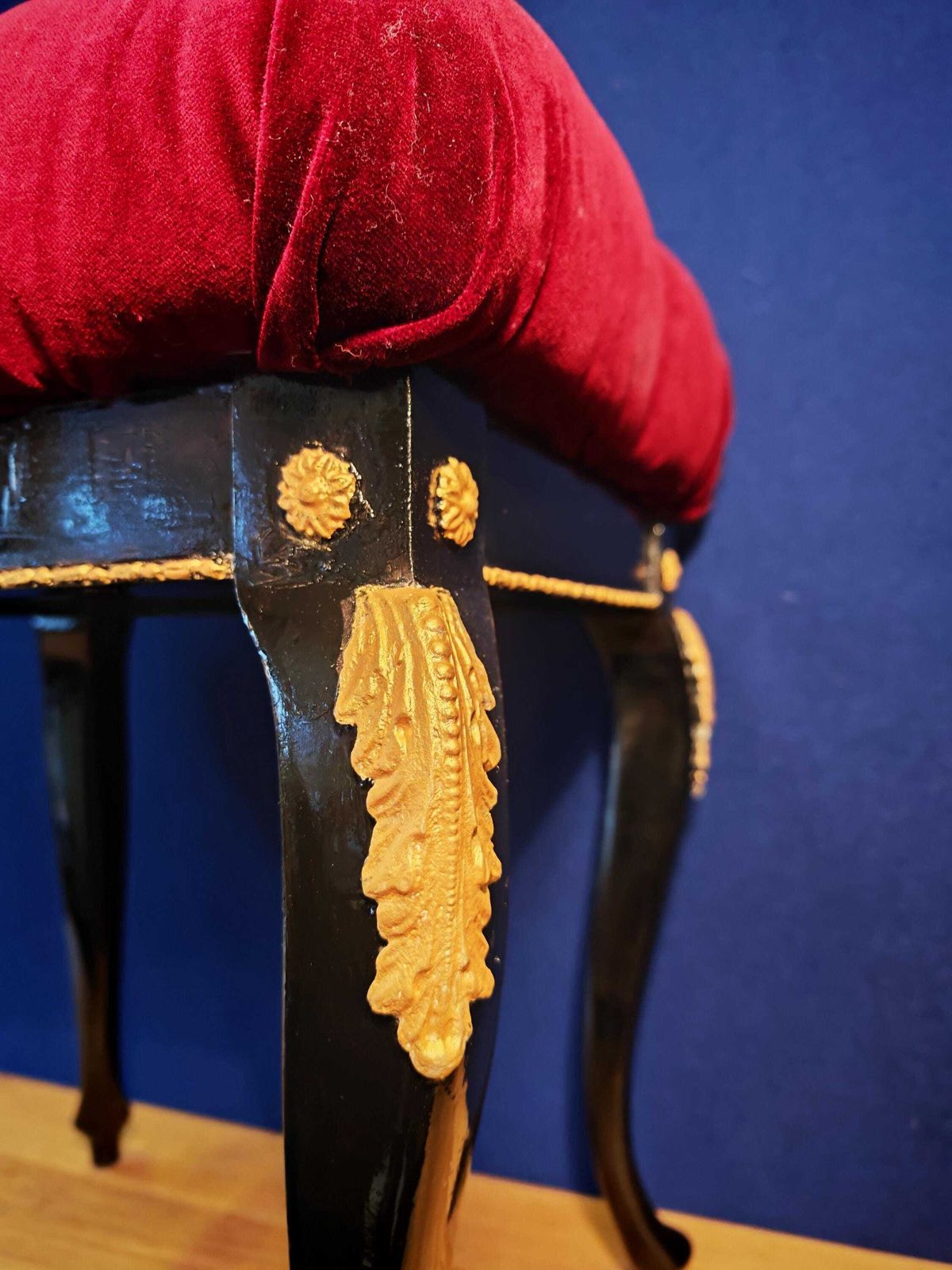 Vintage Refurbished French Style Vanity Stool. Burgundy Velvet. Black Satinwood & Gold Embellishments Rococo   Very Good Condition 54cm Tall photo vinterior